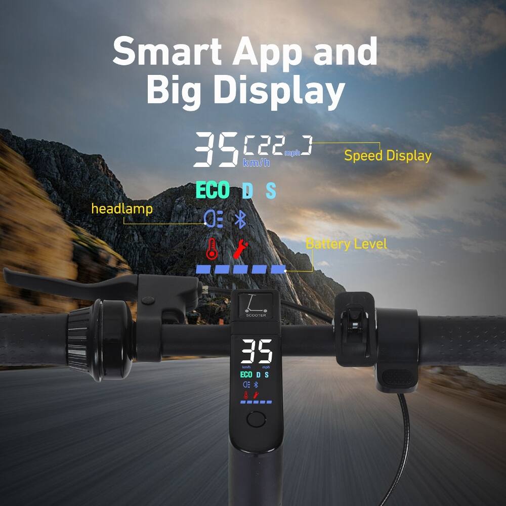 Smart App and Big Display  
35 C22 mph km/h  
Speed Display  
ECO D S  
headlamp  
Battery Level  
SCOOTER 35 - ECO D S