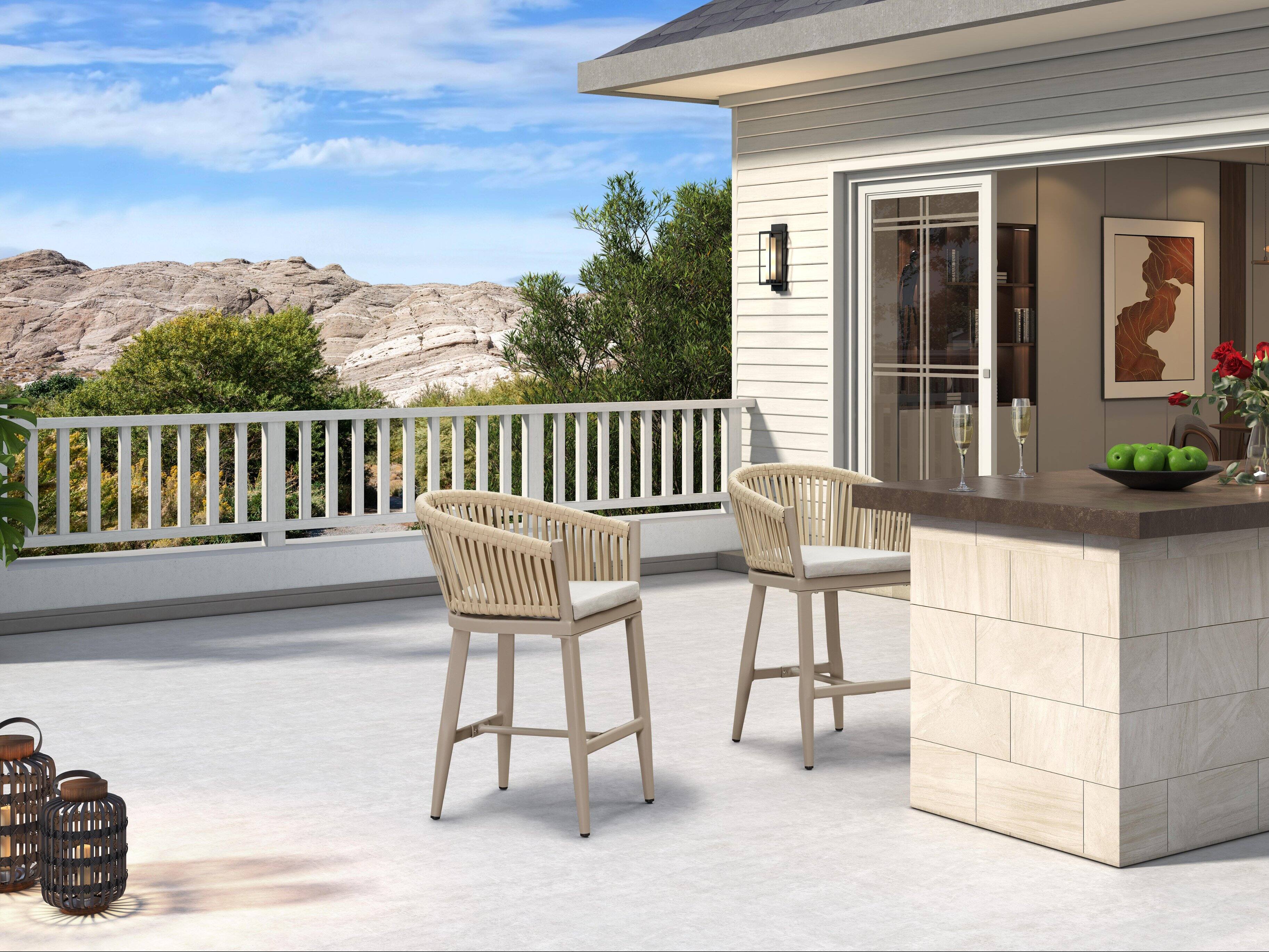 Alt View 1. PURPLE LEAF - Outdoor Counter/Bar Height Stools Rattan Wicker Bar Chairs Set of 2 Woven Aluminum Barstools with Back and Cushions - Champagne-Counter Stool.