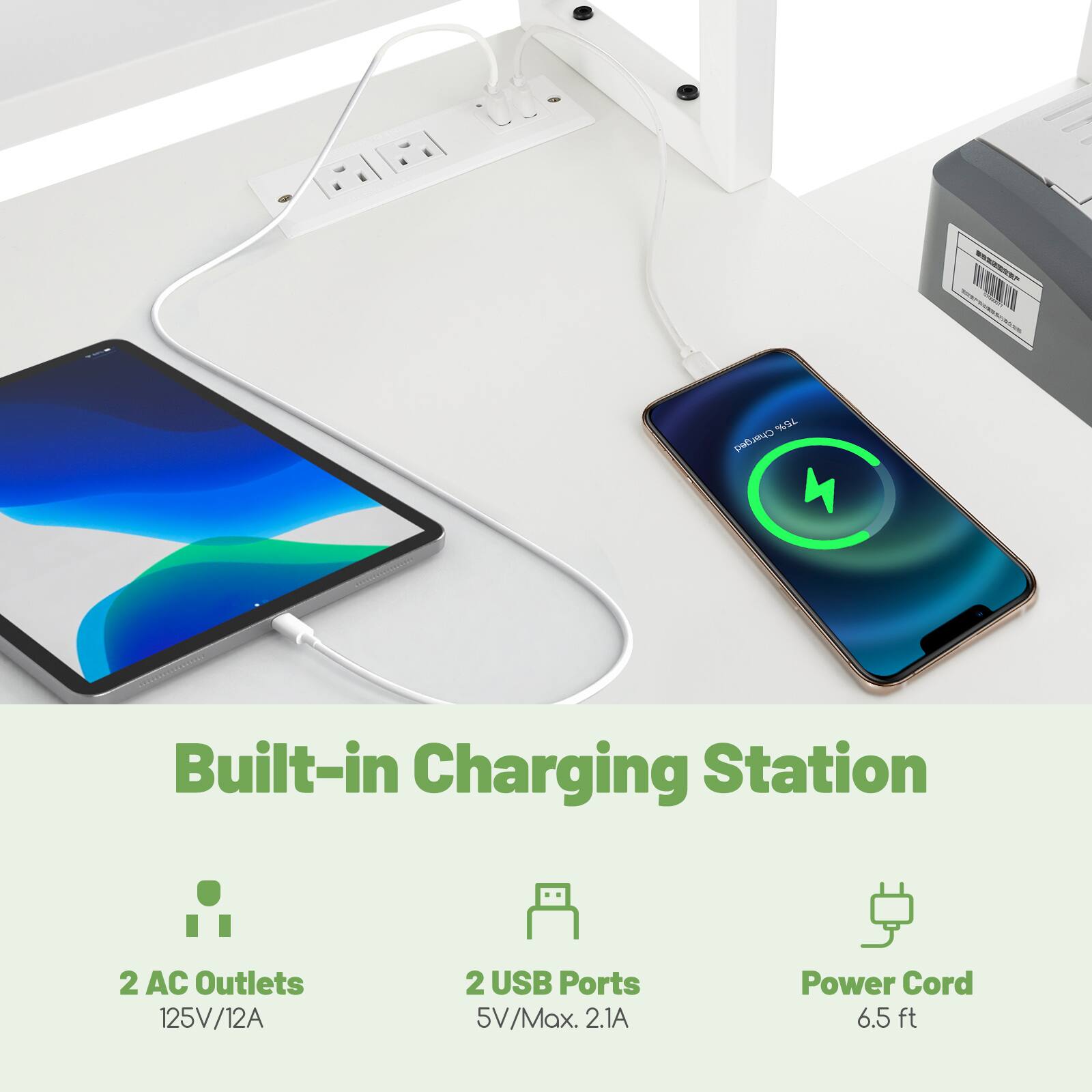 Built-in Charging Station

- 2 AC Outlets
  - 125V/12A

- 2 USB Ports
  - 5V/Max. 2.1A

- Power Cord
  - 6.5 ft