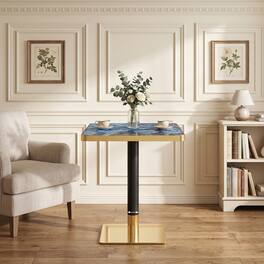 Loheer - Small Square Dining Table, Blue Agate Marble Look Top with Gold Edge, 23.7-Inch Bistro Table - Black, Blue, Gold