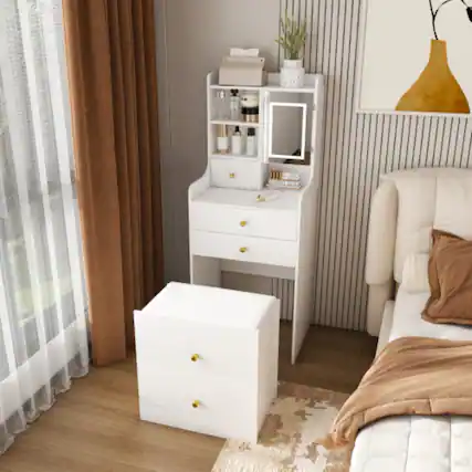 Front. LUCKY ONE - 3-in-1 Dressing Table with LED Mirror, 4 Drawers, Storage Cabinet, Open Bookshelf and Hidden Stool - White.