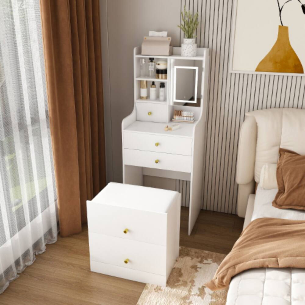 Front. LUCKY ONE - 3-in-1 Dressing Table with LED Mirror, 4 Drawers, Storage Cabinet, Open Bookshelf and Hidden Stool - White.