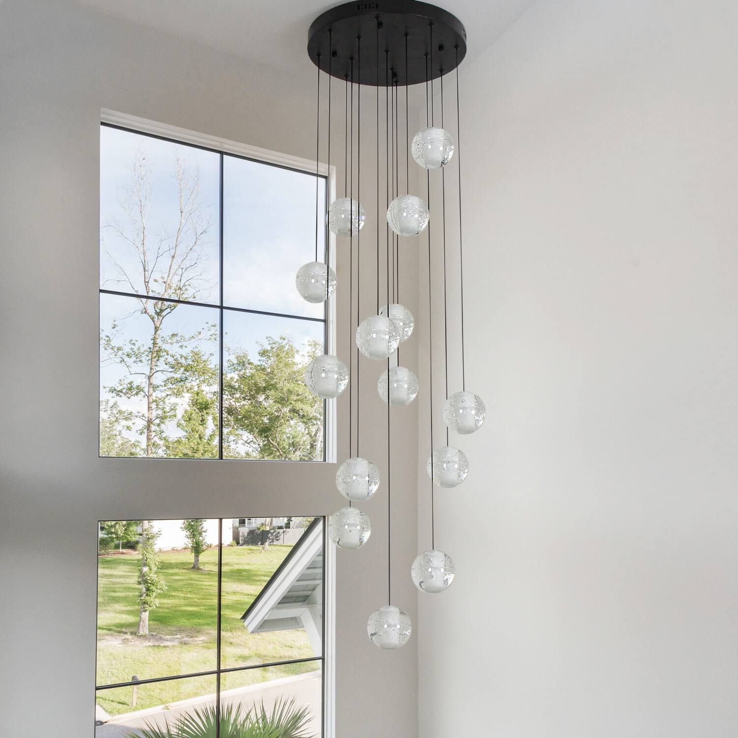 Alt View 1. Umeiluce - 14 - Light Modern Chandelier Crystal High Ceiling Hanging Pendant with Remote Control - Matte Black.