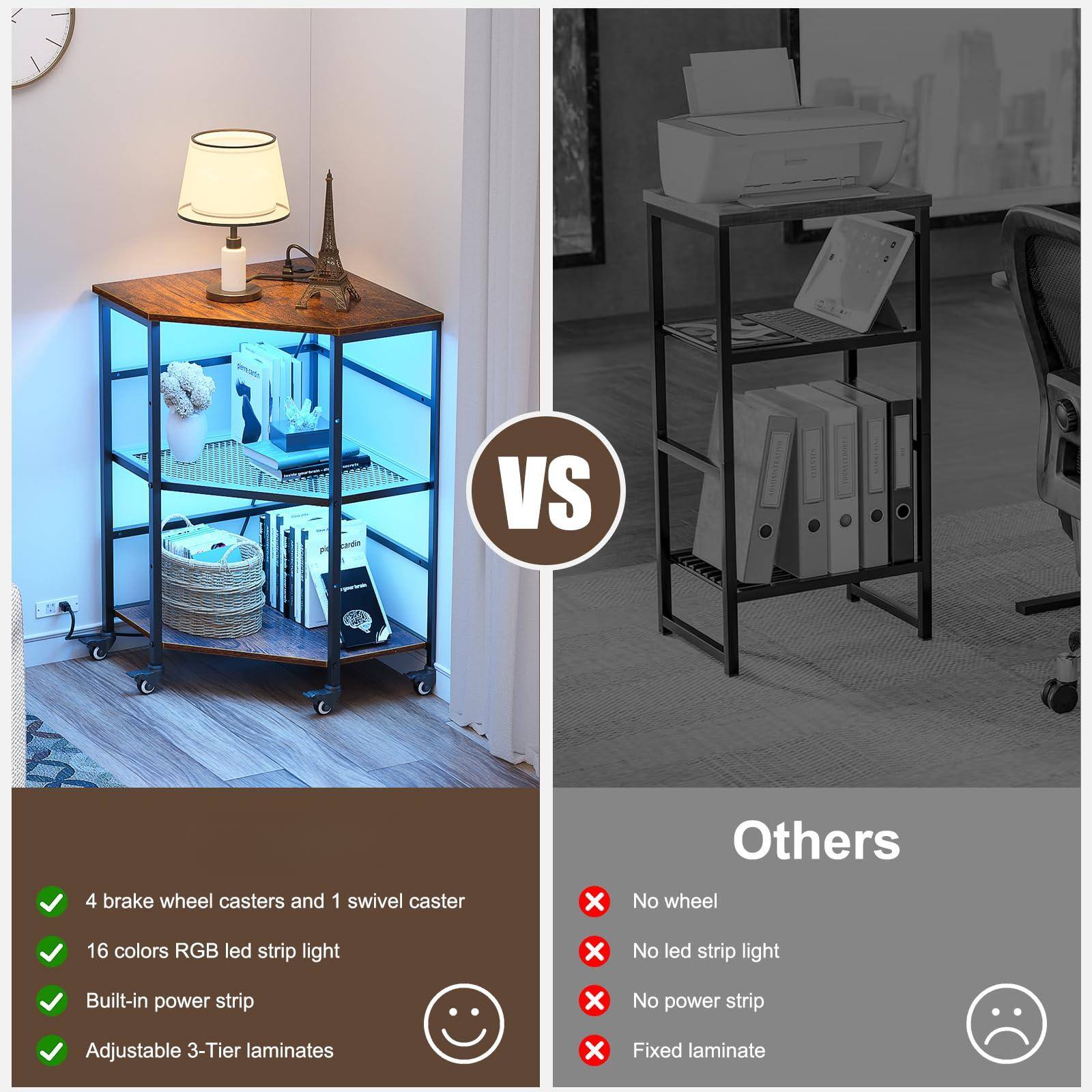 - 4 brake wheel casters and 1 swivel caster
- 16 colors RGB led strip light
- Built-in power strip
- Adjustable 3-Tier laminates

- No wheel
- No led strip light
- No power strip
- Fixed laminate