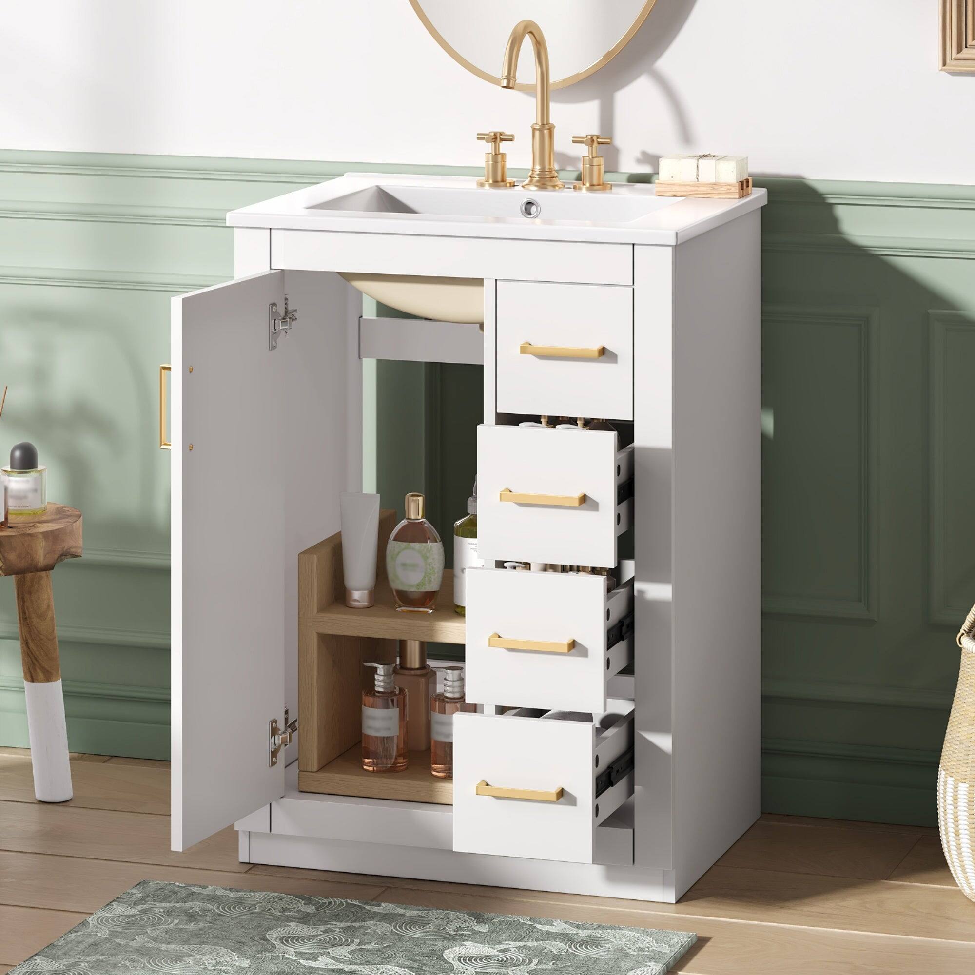 Alt View 2. Boyel Living - 24 Inch Bathroom Vanity with Integrated Ceramic Sink and Storage White - White.