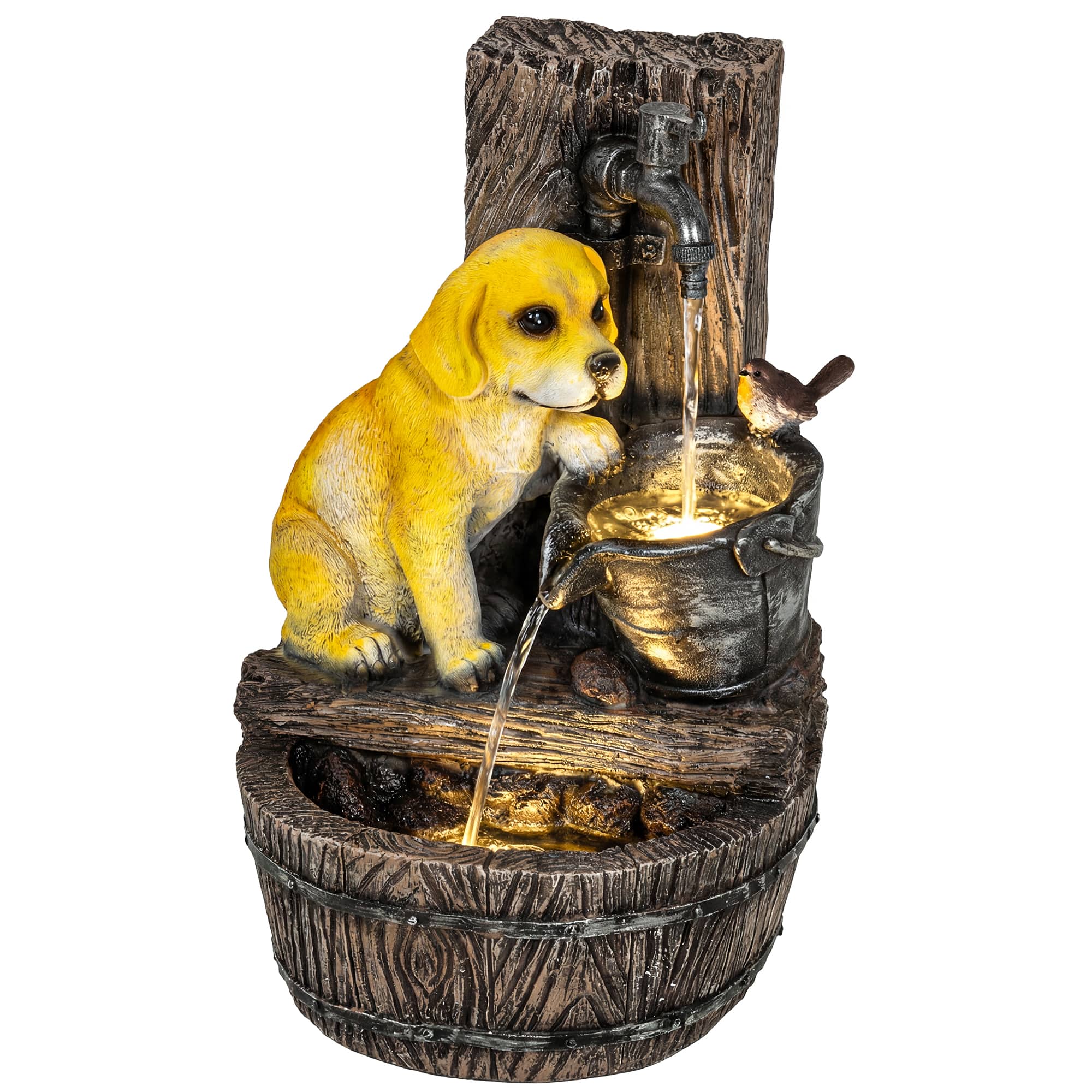 Outsunny - Outdoor Fountain with 3-Tier Puppy Theme, Resin Garden Fountain with LED Lights, Adjustable Flow - Rustic Brown, Yellow