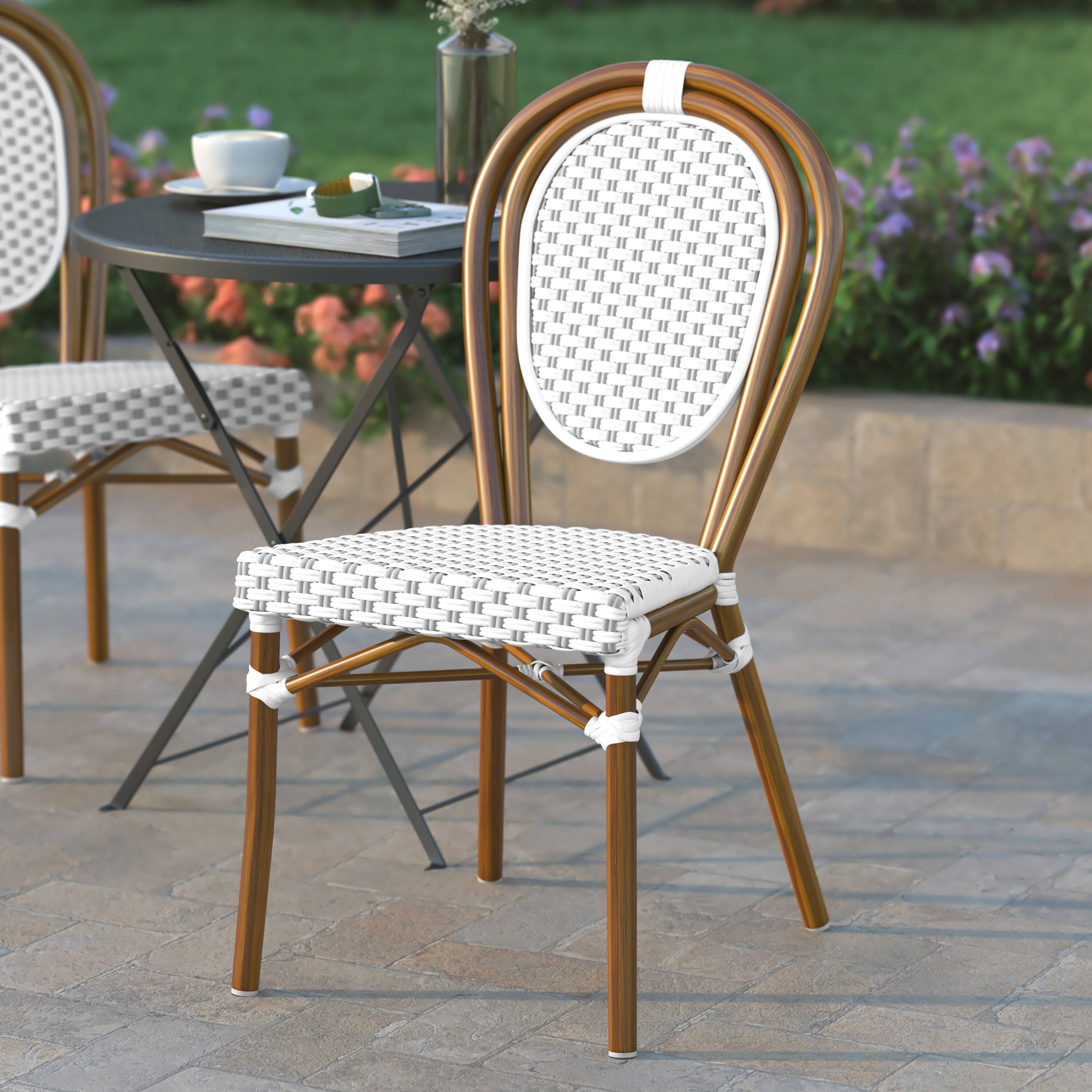Alt View 3. Emma + Oliver - Colmar Indoor/Outdoor Stacking Thonet Bistro Style Chair with PE Rattan Seat and Metal Frame - White & Gray/Natural Frame.
