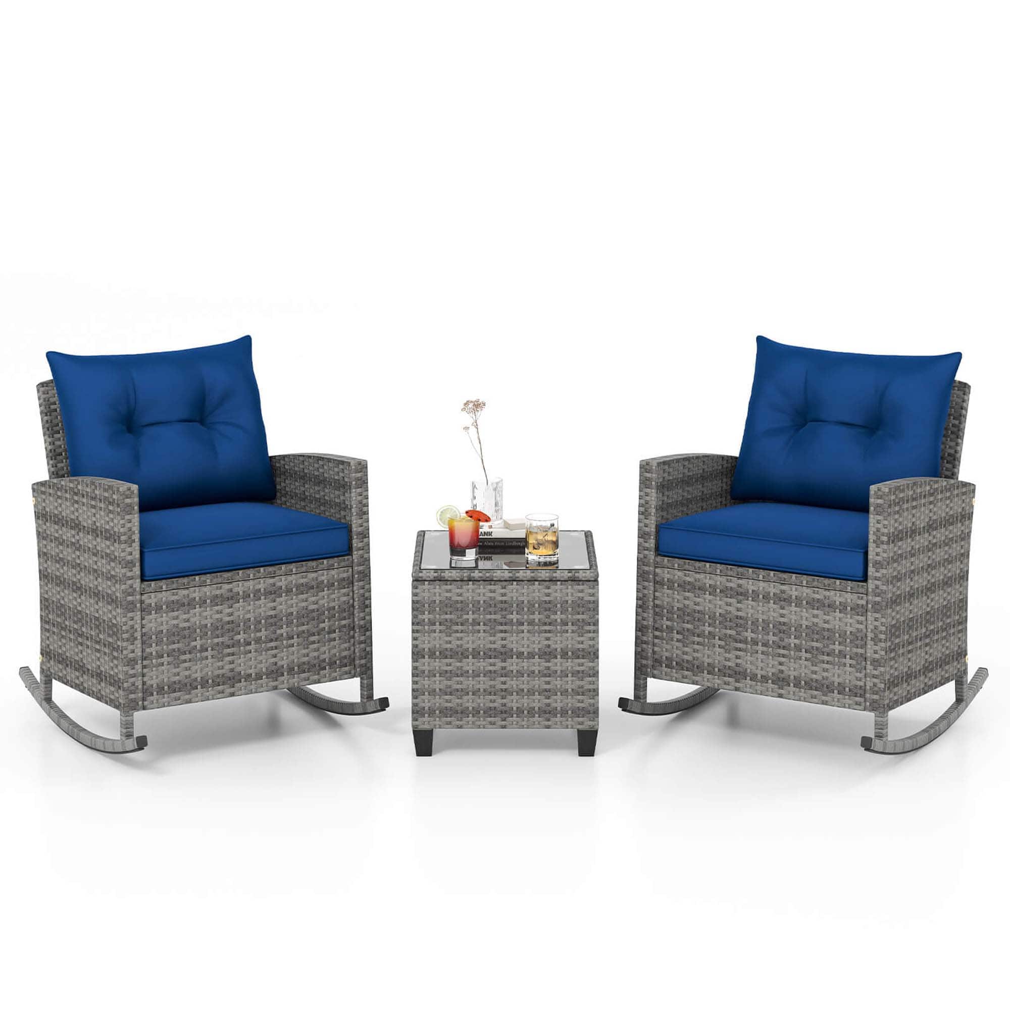 Front. Costway - 3 PCS Patio Wicker Rocking Set with Tempered Glass Table & Soft Cushions Outdoor - Navy.
