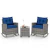 Front. Costway - 3 PCS Patio Wicker Rocking Set with Tempered Glass Table & Soft Cushions Outdoor - Navy.
