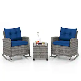 Costway - 3 PCS Patio Wicker Rocking Set with Tempered Glass Table & Soft Cushions Outdoor - Navy