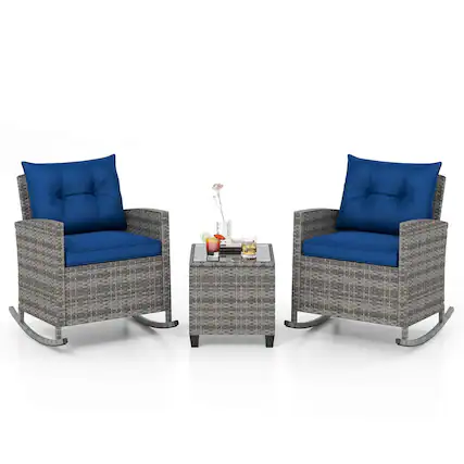 Front. Costway - 3 PCS Patio Wicker Rocking Set with Tempered Glass Table & Soft Cushions Outdoor - Navy.