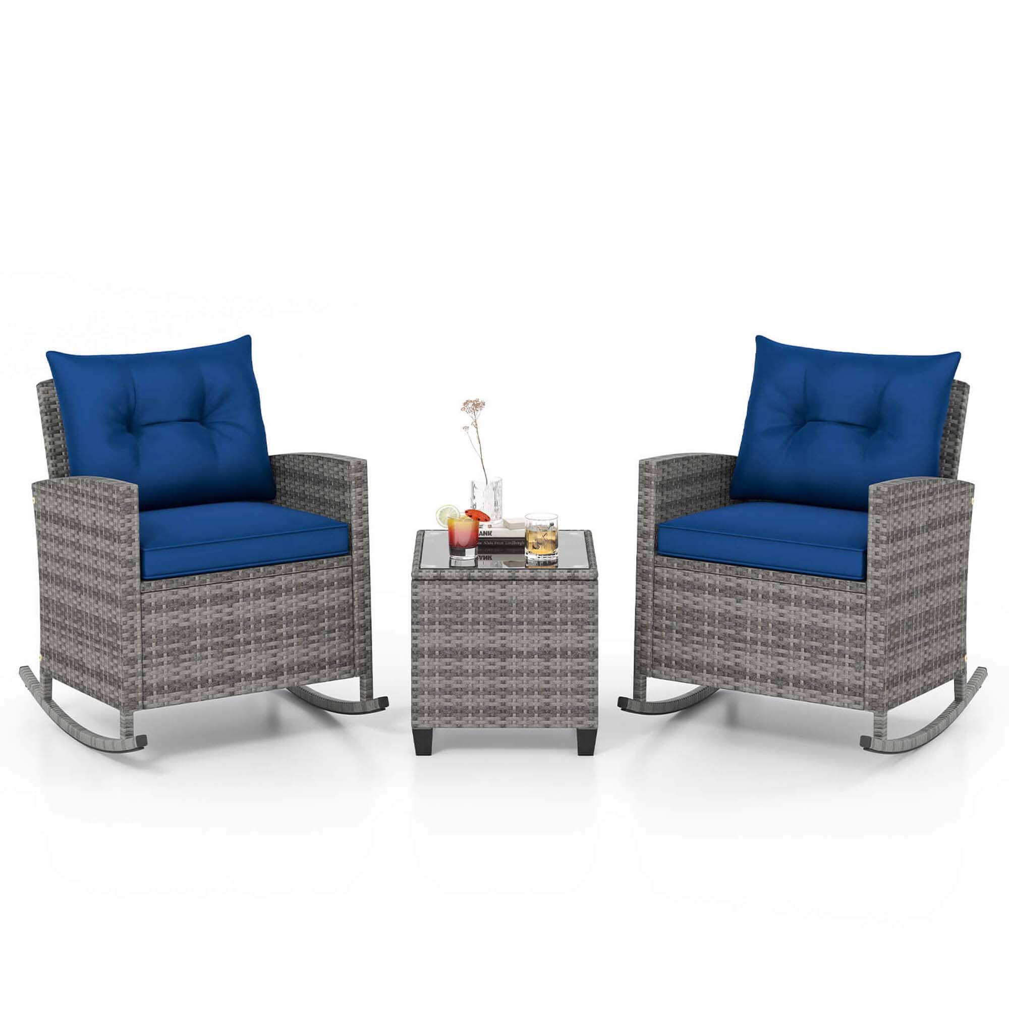 Front. Costway - 3 PCS Patio Wicker Rocking Set with Tempered Glass Table & Soft Cushions Outdoor - Navy.