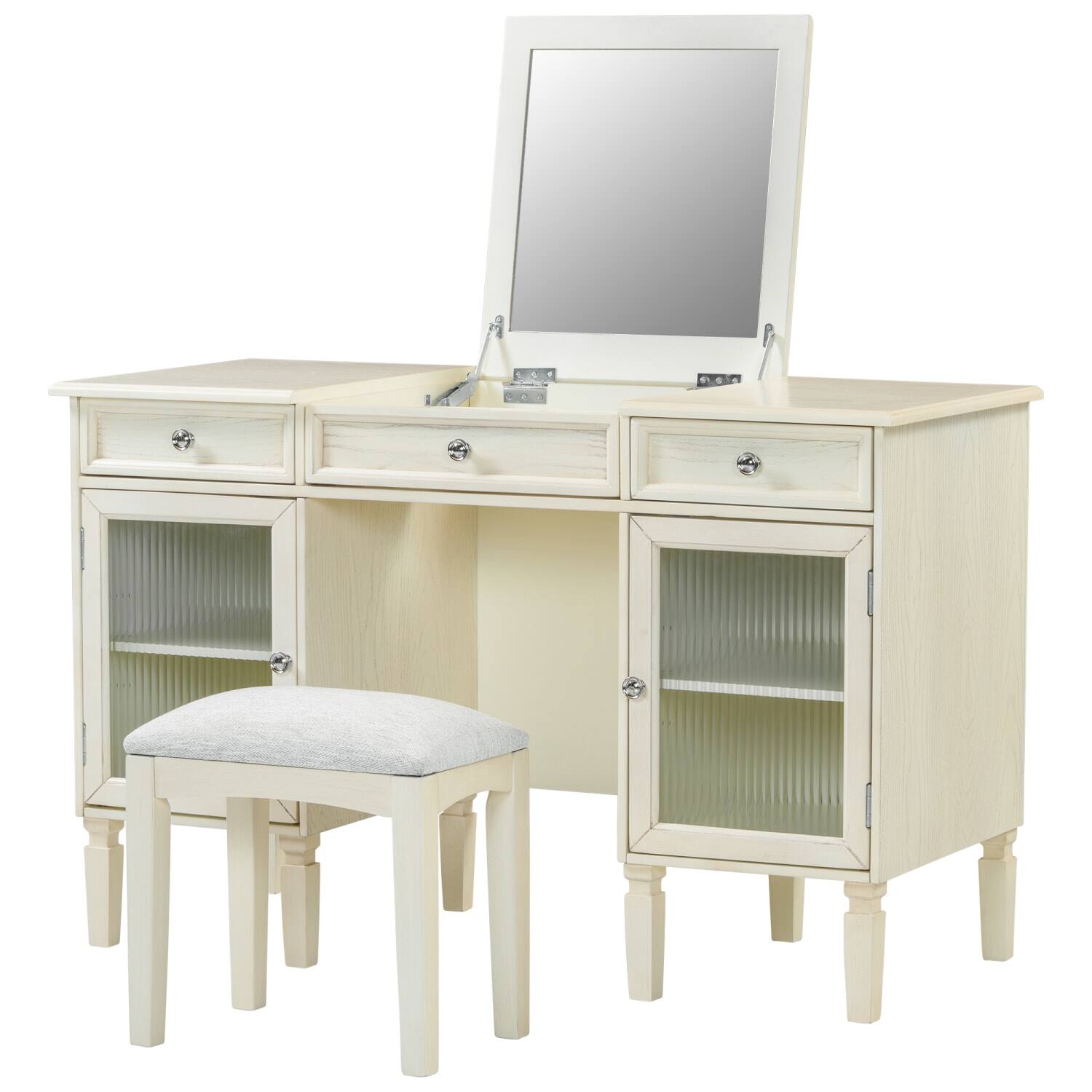 Left. Lirago - White Oak 2-in-1 Vanity Desk with Flip-Top Mirror Dressing Table with Drawer Cabinet 20.2”D x 46.5“ W x 29.7“ H - White.
