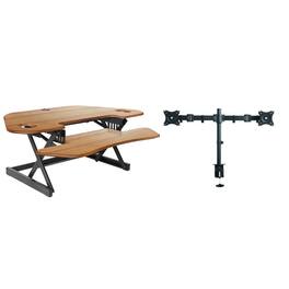 Rocelco - Height Adjustable Corner Standing Desk Converter with Dual Monitor Arm BUNDLE, Extra Large Keyboard Tray, Teak Wood - Brown