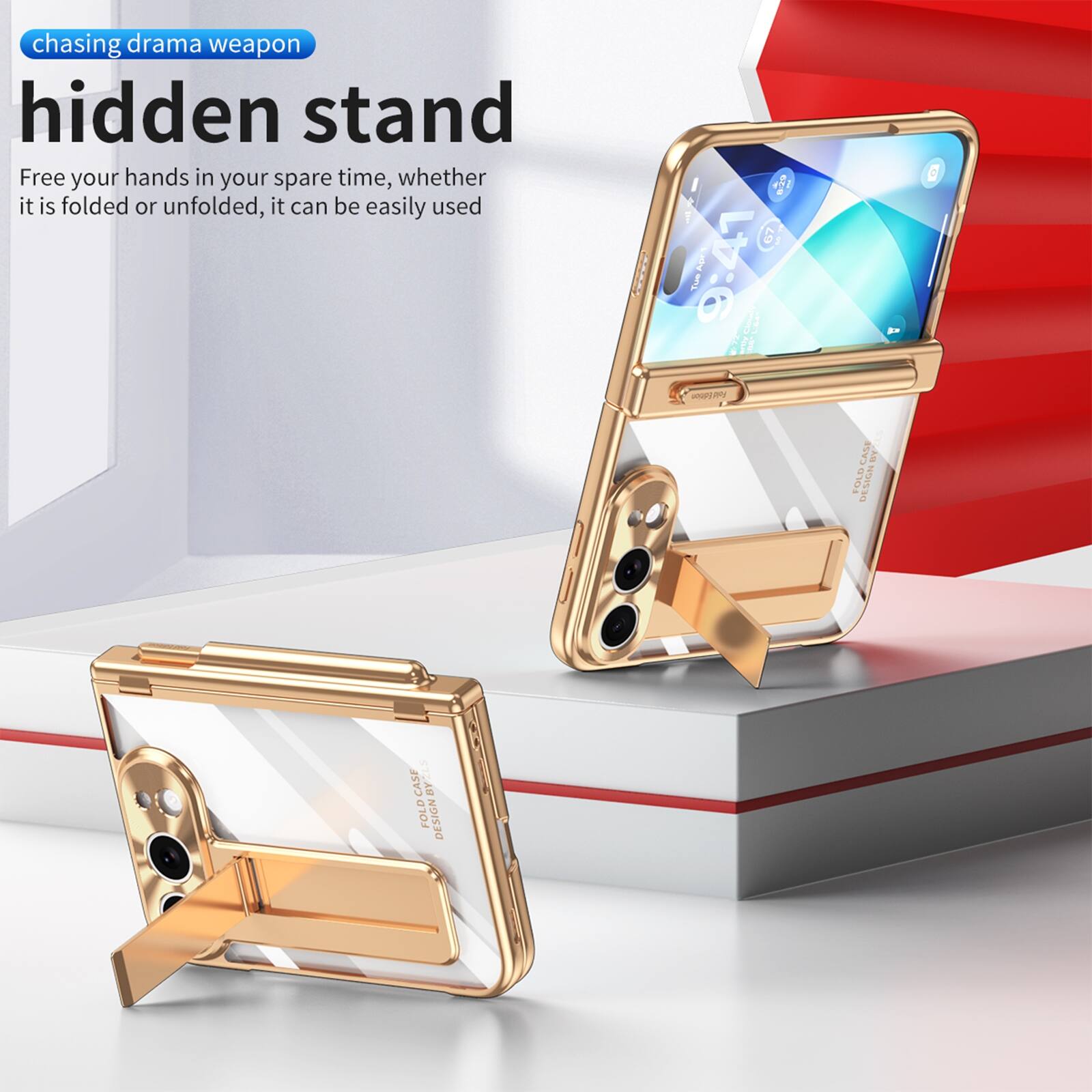 chasing drama weapon  
hidden stand  
Free your hands in your spare time, whether it is folded or unfolded, it can be easily used  

8.29 67 Apr 9:41 Tue - VERSI Fold Edition  
CASE BYS FOLD DESIGN  
CASE BY-ZLS FOLD DESIGN