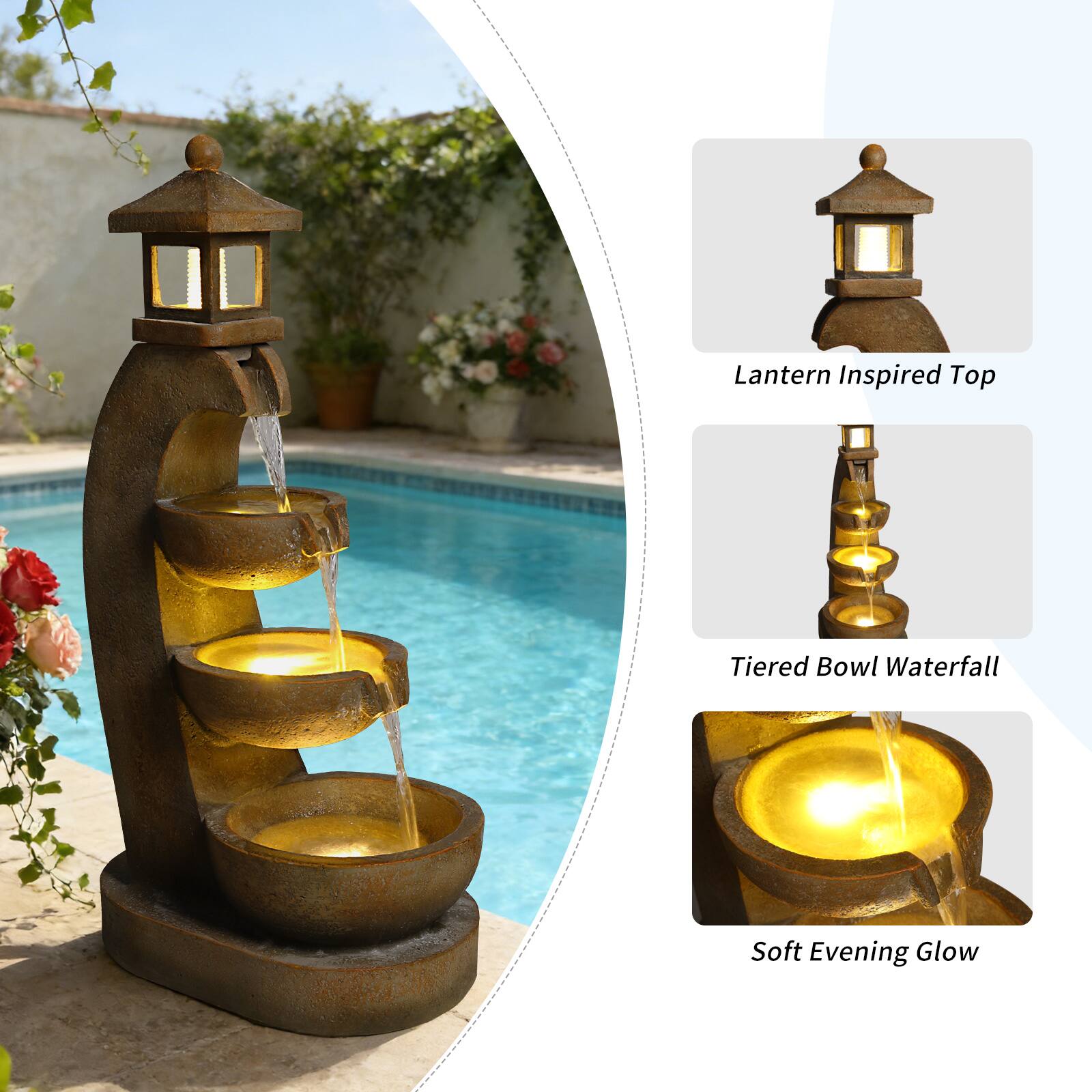 Lantern Inspired Top  
Tiered Bowl Waterfall  
Soft Evening Glow