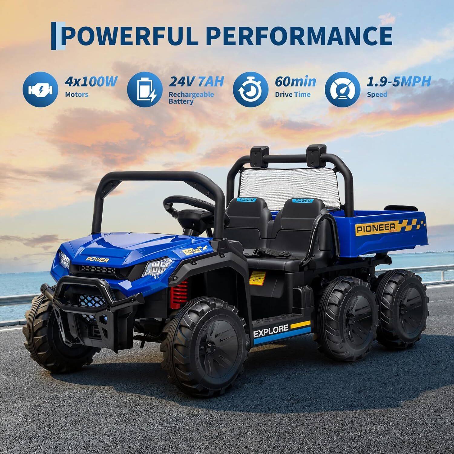 POWERFUL PERFORMANCE

- 4x100W Motors
- 24V 7AH Rechargeable Battery
- 60min Drive Time
- 1.9-5MPH Speed

DREU OSAA PIONEER H O POWER 10 EXPLORE