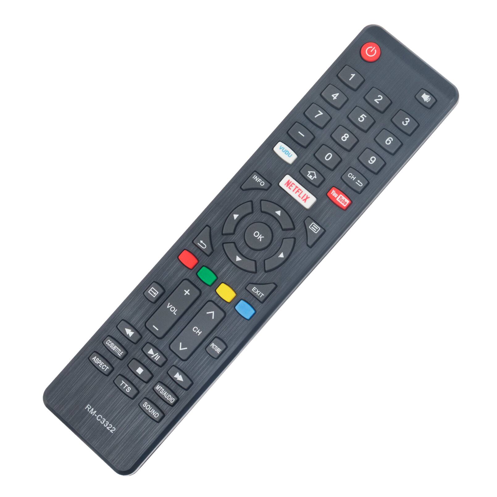 INFO 1 4 2 7 5 3 - 8 6 VUDU 0 9 CH U NETFLIX Tou Tubs U OK + VOL > CH COSUBTILE PICTURE Il ASPECT TTS MTS/AUDIO RM-C3322 SOUND EXIT