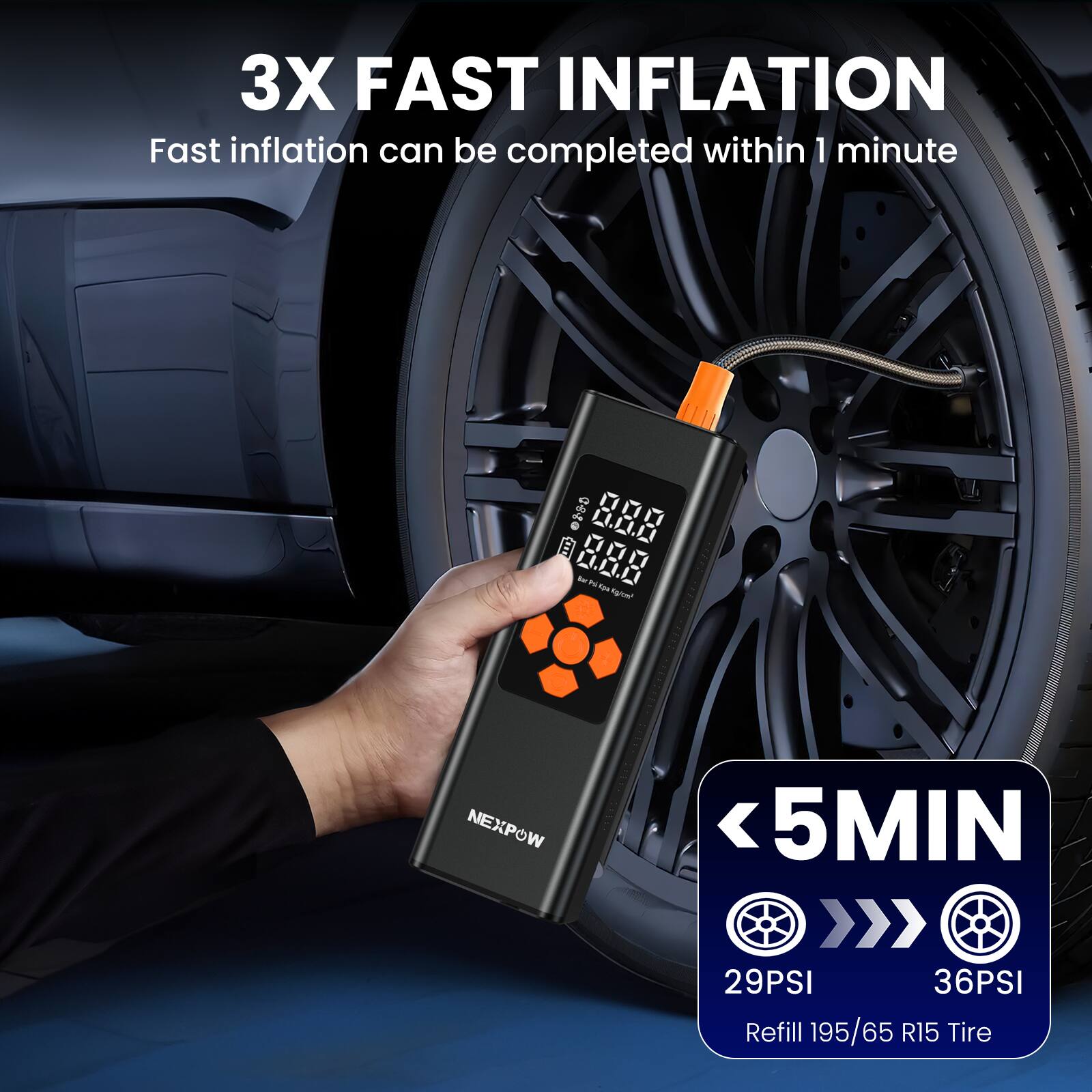 3X FAST INFLATION  
Fast inflation can be completed within 1 minute  

<5MIN  
29PSI  
36PSI  
Refill 195/65 R15 Tire