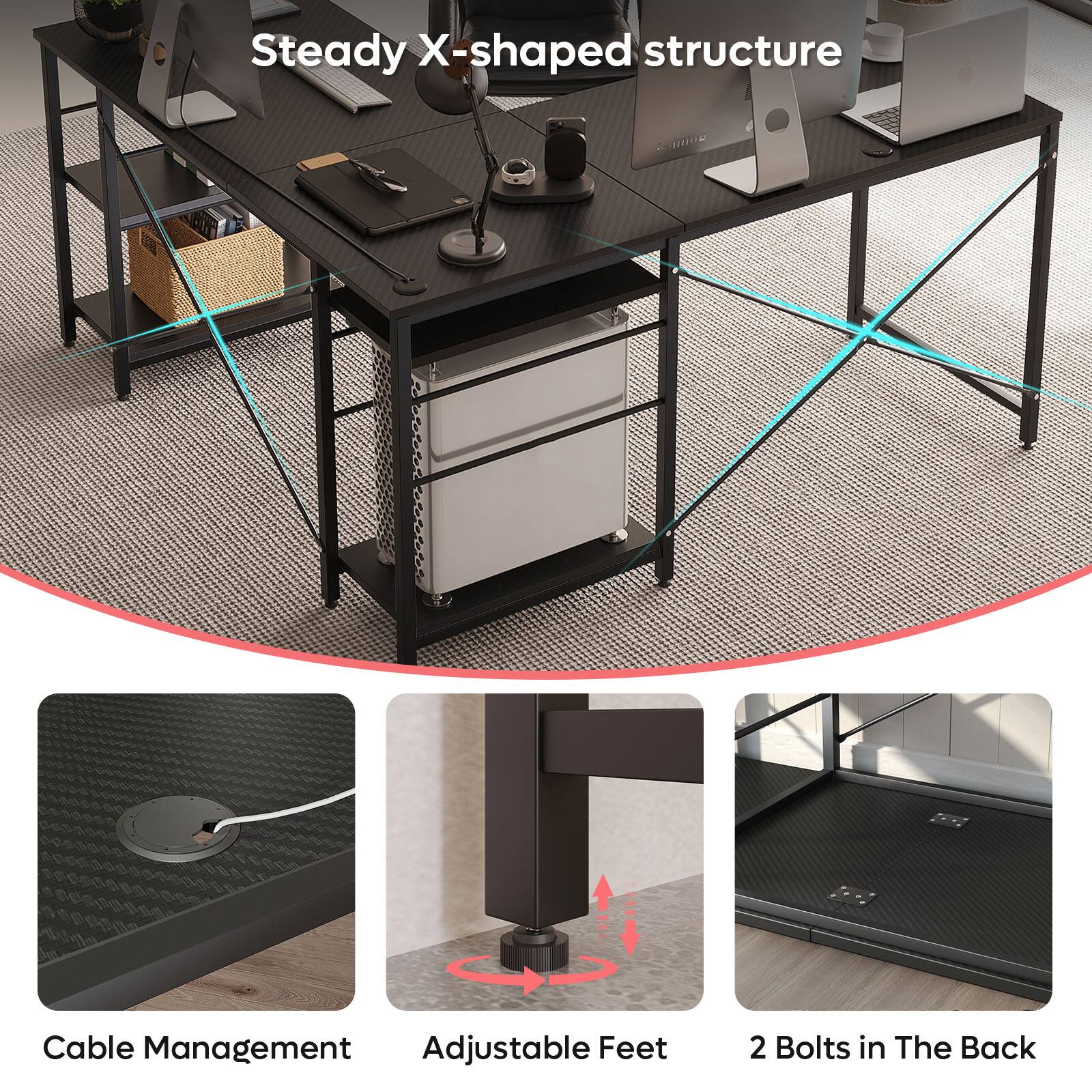 Bestier - 59" L-Shaped Desk with Multi Tier Shelves Home Office & Gaming Computer Desk for Corner Space - Black 3D Carbon Fiber - Thumbnail 5