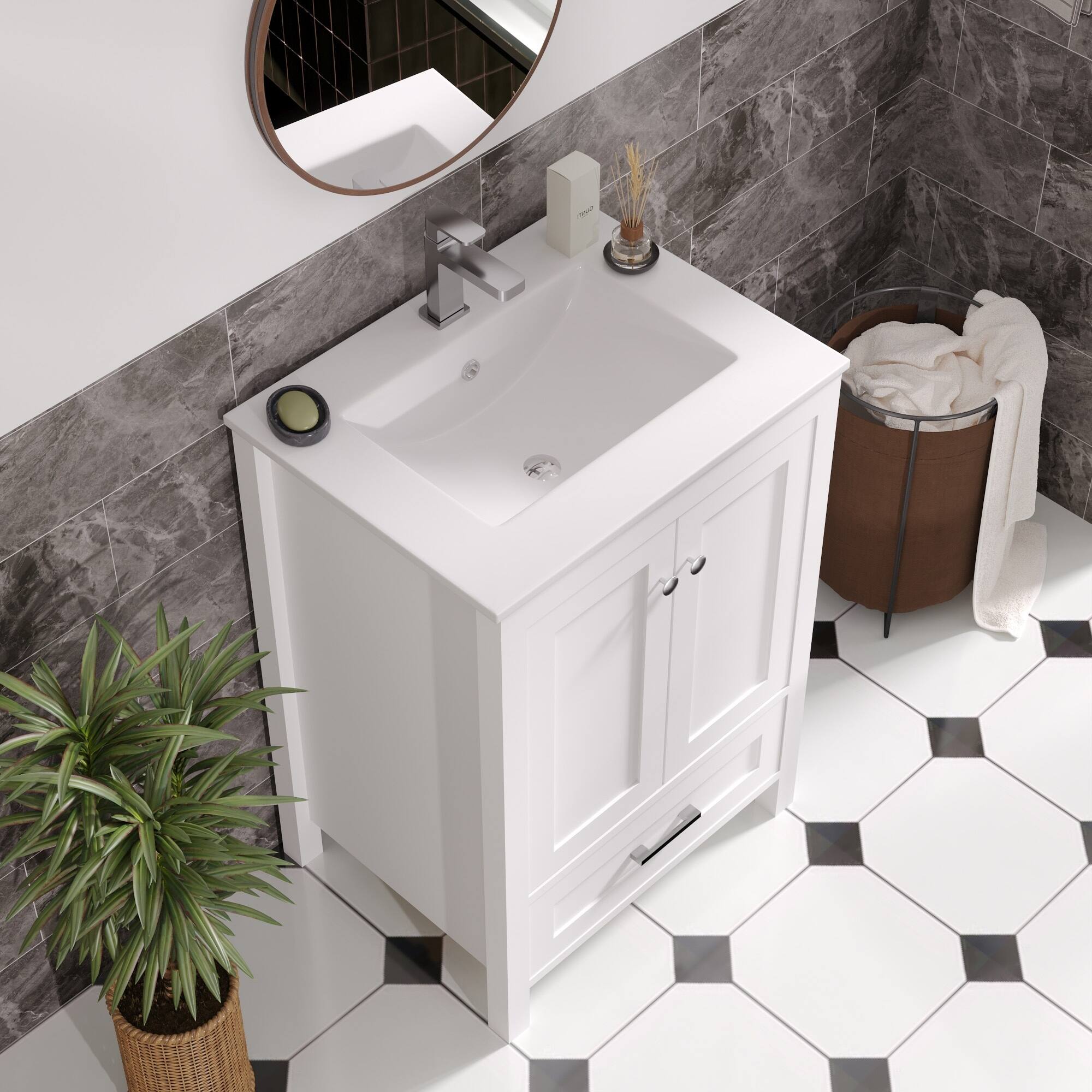 Angle. U-HOMY - Modern Bathroom Vanity with Ceramic Sink, Soft-Close Storage Cabinet and Drawer, Glossy Countertop, White - 24"x18".