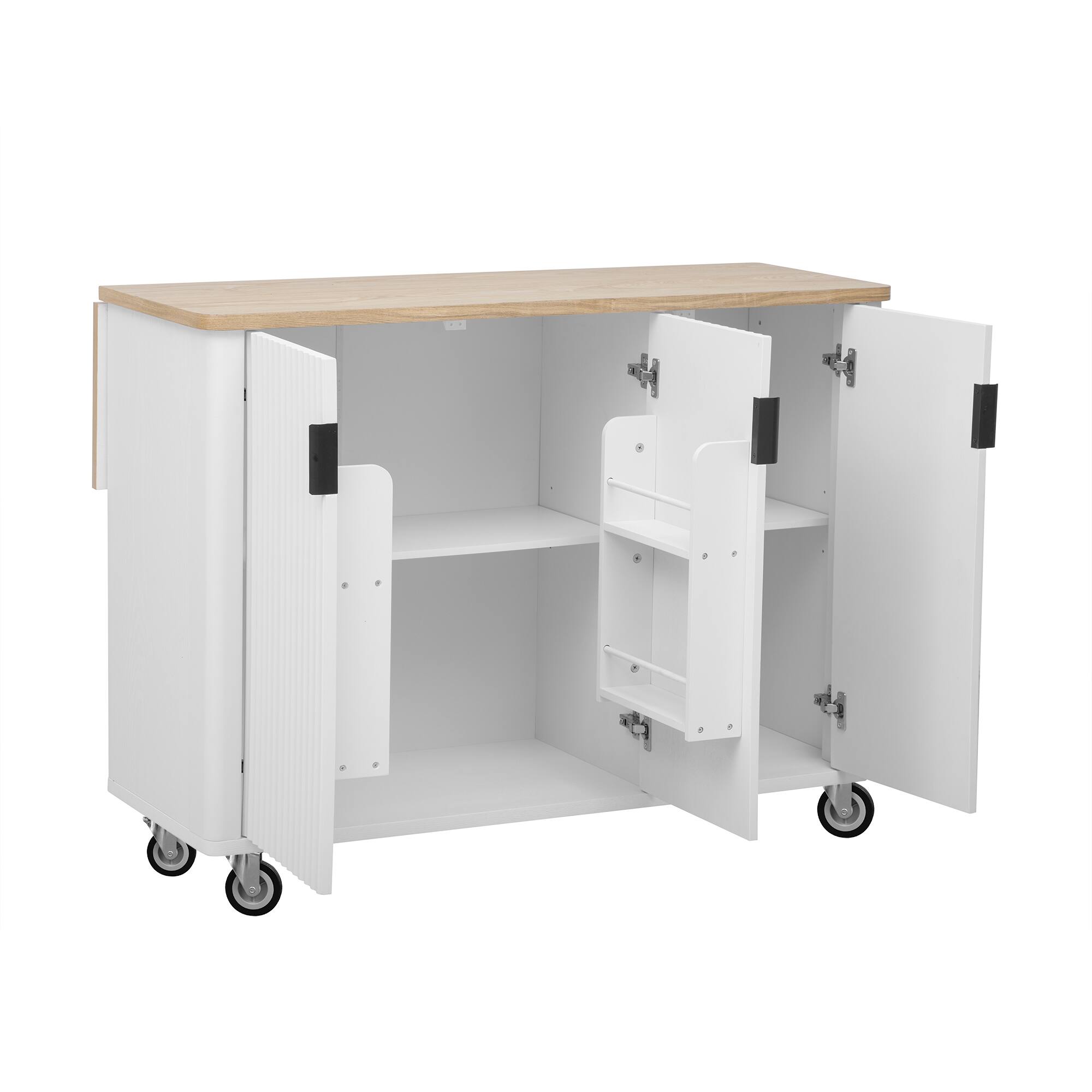 Alt View 4. Forest'nSky - 51" Fluted Farmhouse Kitchen Island with Drop Leaf – Rolling Cart with Internal Storage Rack & Towel Rack, White Ash - White.