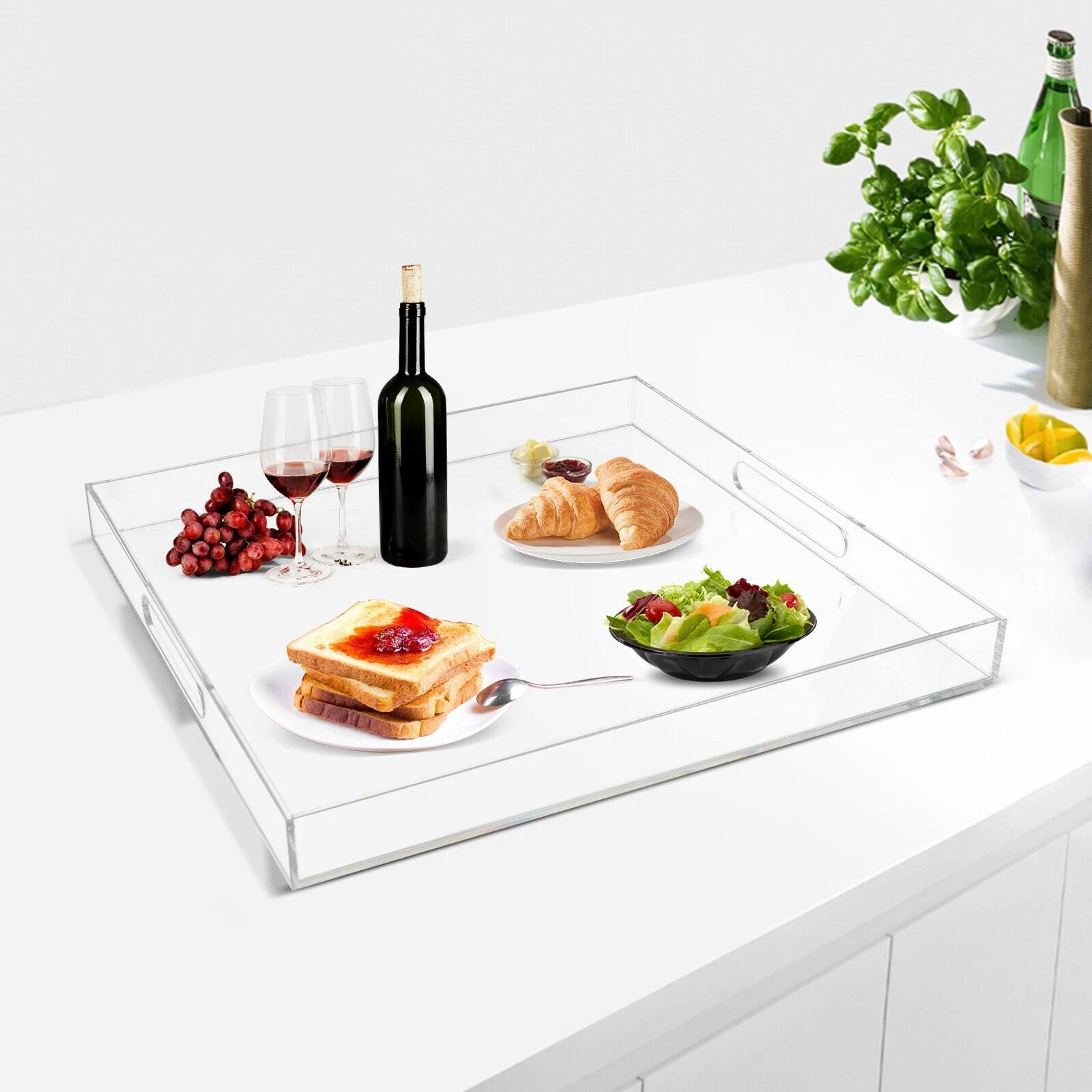 Angle. Home Collection - Clear Large Acrylic Square Serving Tray with Handles - Transparent.