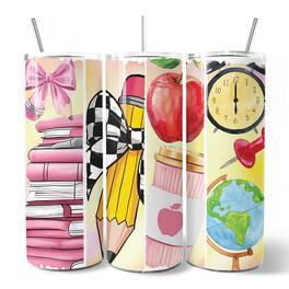 OrnamentallyYou - Coquette Pink Teacher 20oz Tumbler With Stainless Steel Straw, Retro School Brushstrokes Gift Cup - Multicolored