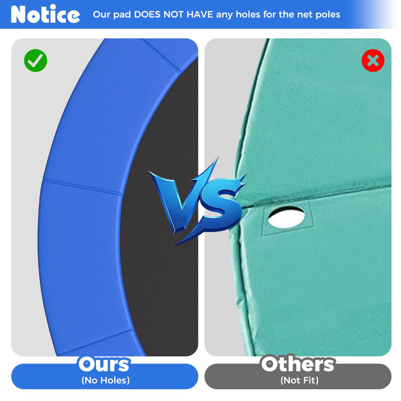 Notice  
Our pad DOES NOT HAVE any holes for the net poles  

Ours (No Holes)  
Others (Not Fit)