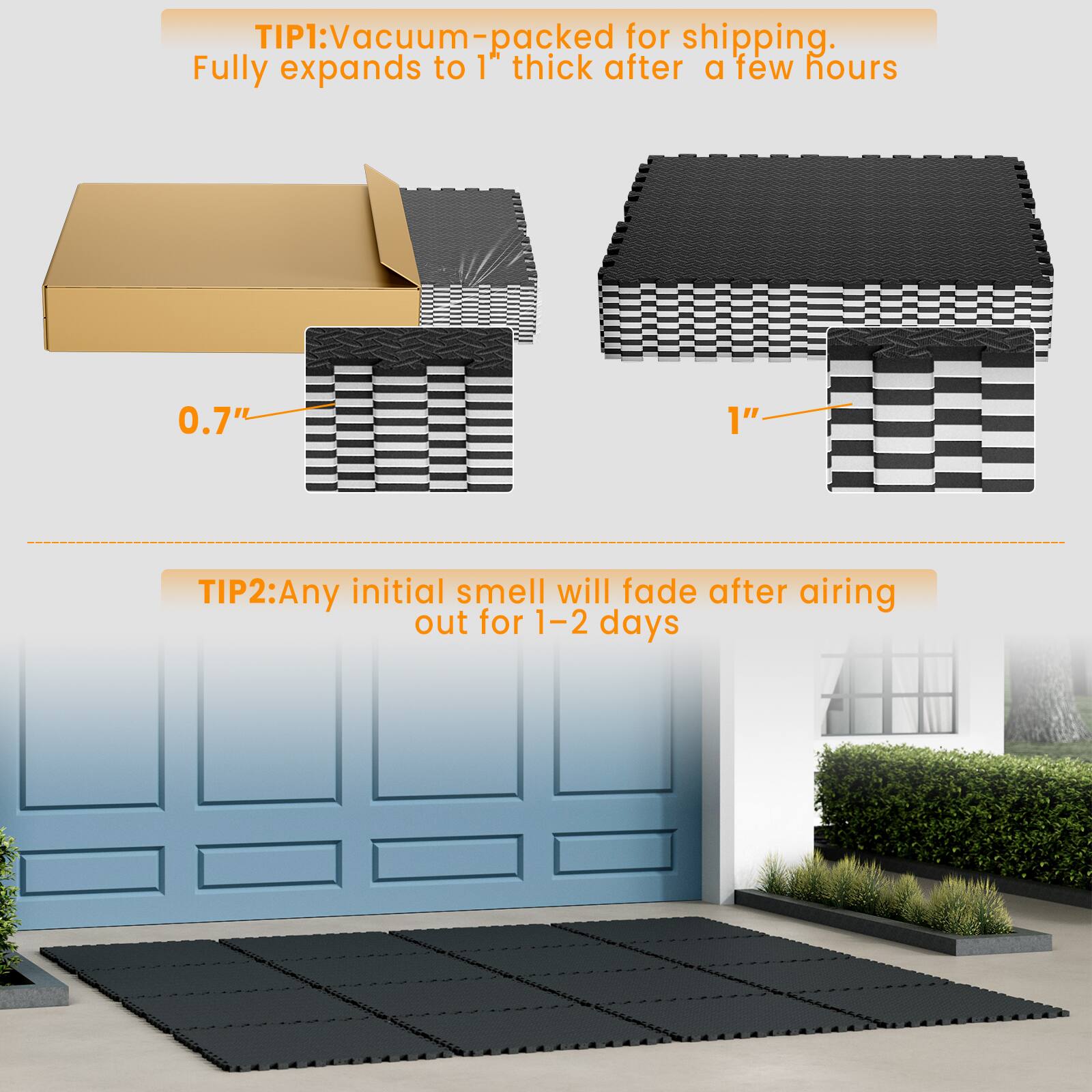 TIP1: Vacuum-packed for shipping. Fully expands to 1" thick after a few hours

TIP2: Any initial smell will fade after airing out for 1-2 days