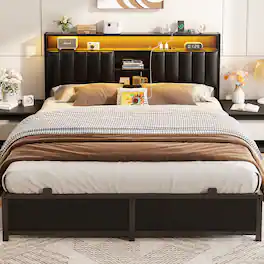 Aheaplus - Queen Bed Frame with Upholstered Headboard, Platform Bed Frame with Power Outelts and LED Lights - Black