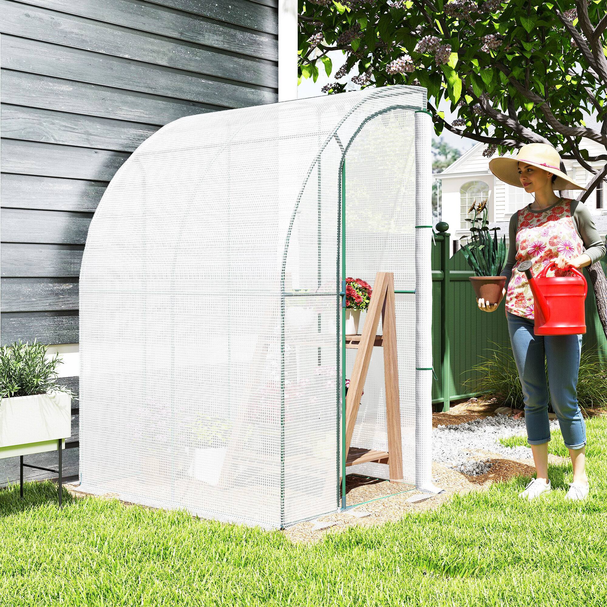 Alt View 1. Outsunny - 5' x 4' x 7' Outdoor Lean to Greenhouse, Walk-In Green House Plant Nursery with Roll-up Window, PE Cover.