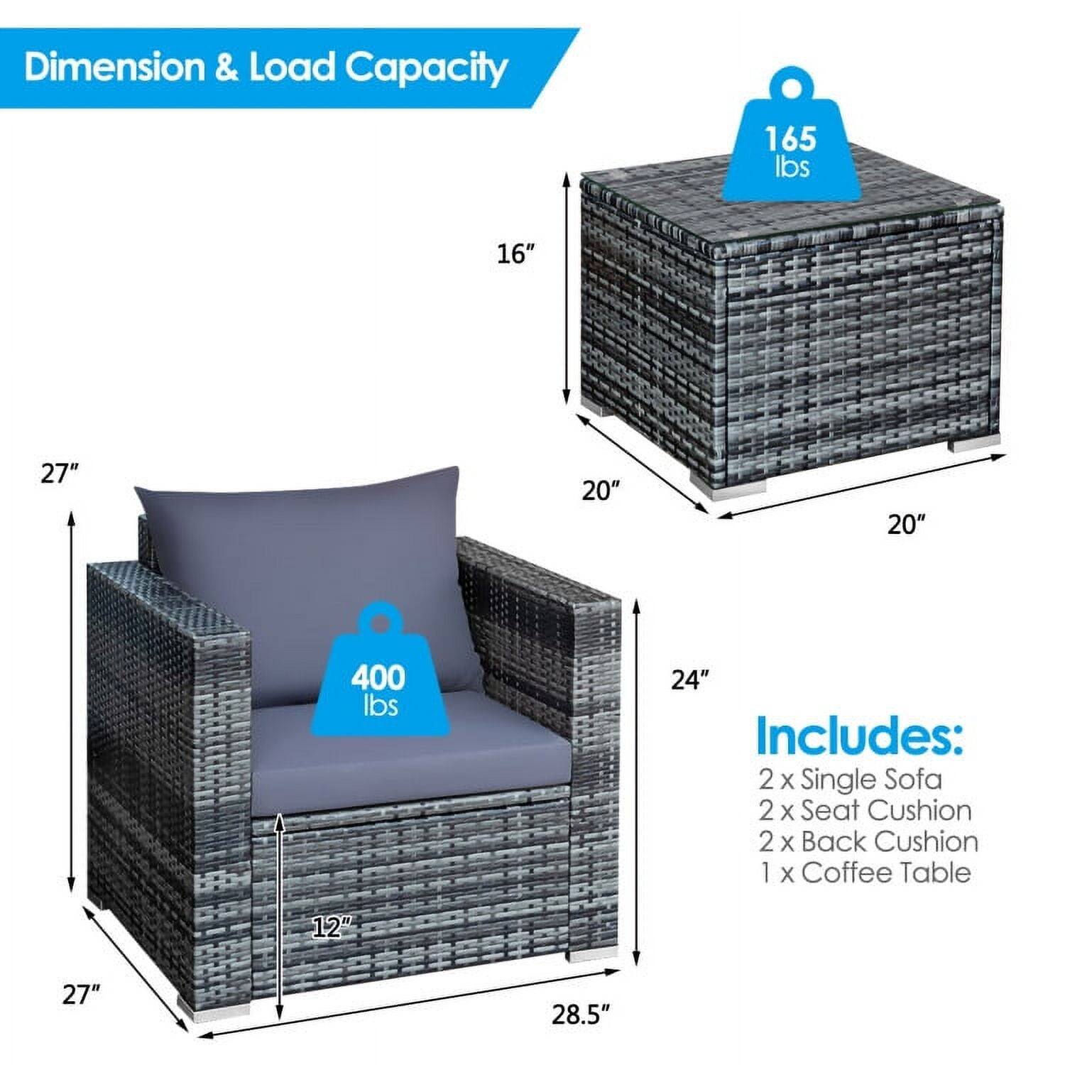 Dimension & Load Capacity  
165 lbs  
16" x 27" x 20"  
400 lbs  
24" x 27" x 28.5"  

Includes:  
2 x Single Sofa  
2 x Seat Cushion  
2 x Back Cushion  
1 x Coffee Table