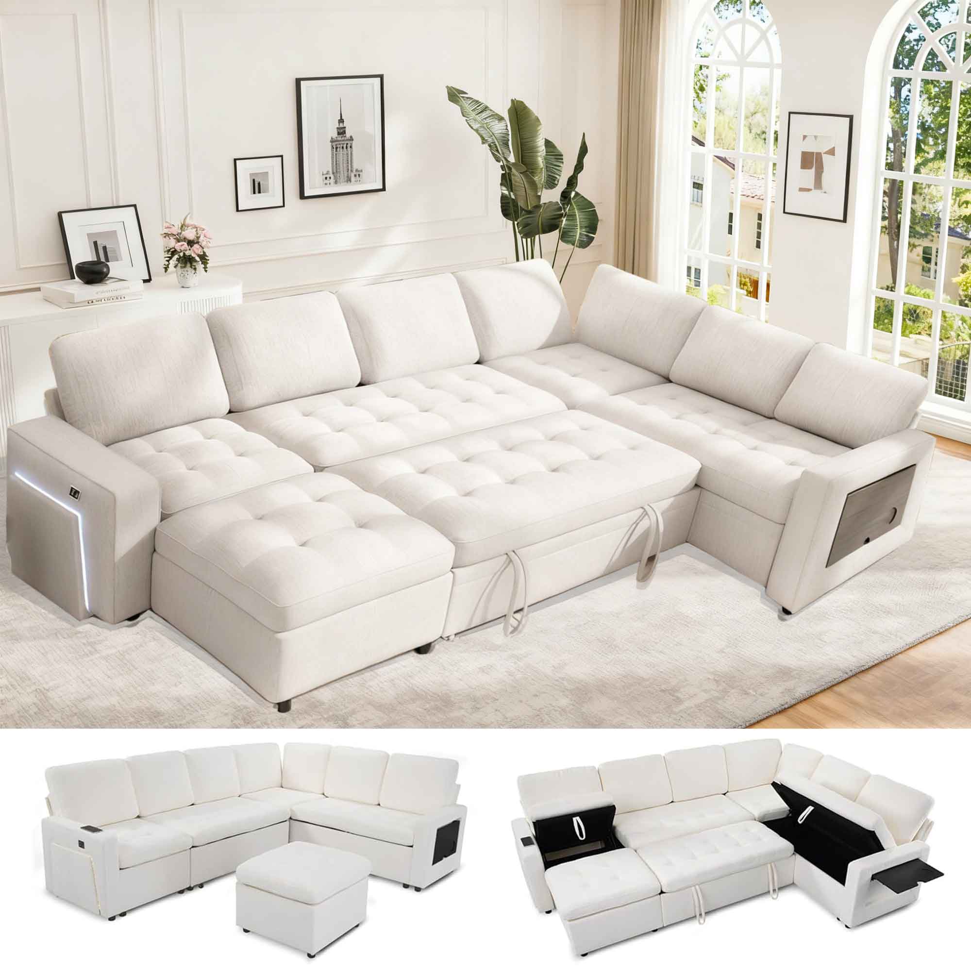Dyonery - 7-Seat Modular Sectional Sleeper Sofa with Pull-Out Bed, Reclining Backrest, USB Ports, Table, LED Lights ,White - Beige
