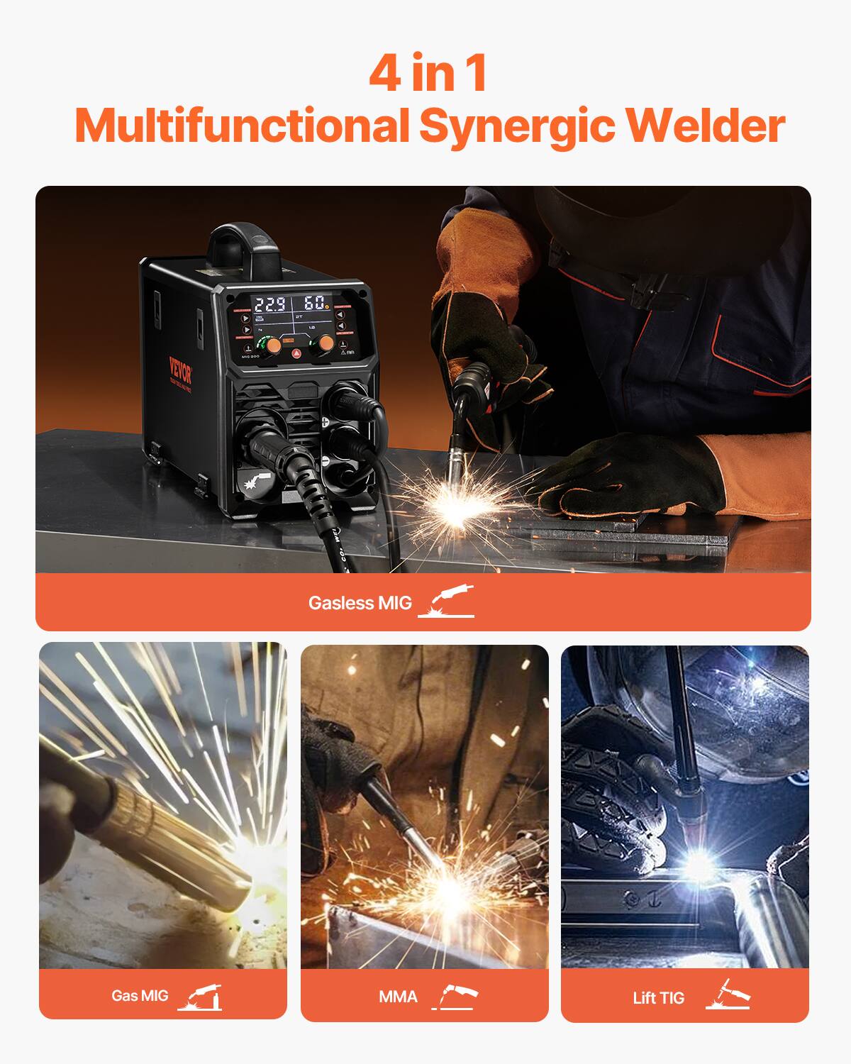 4 in 1 Multifunctional Synergic Welder

- Gasless MIG
- Gas MIG
- MMA
- Lift TIG