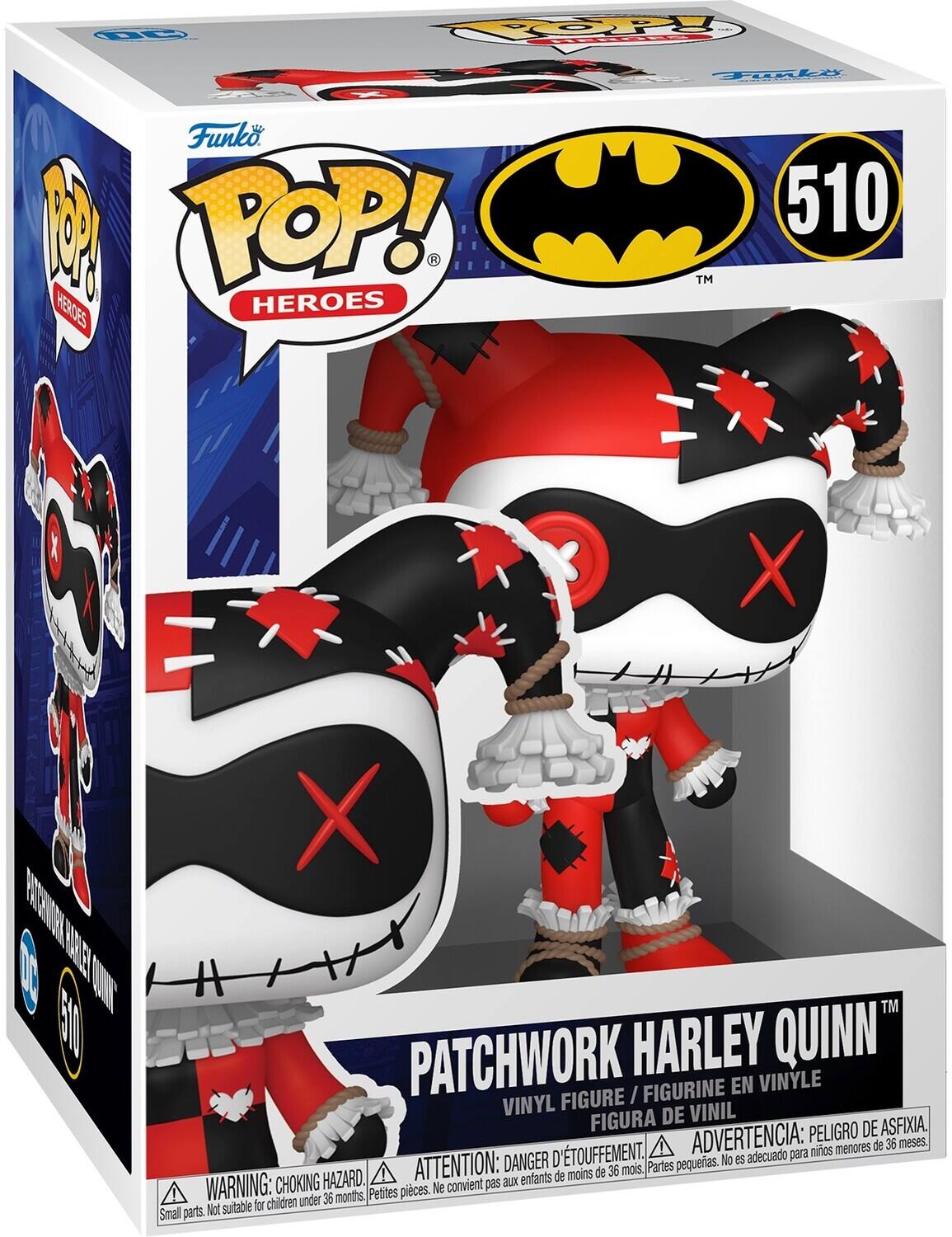 Funko. POP! HEROES 510 TM
PATCHWORK HARLEY QUINN" FIGURINE EN VINYLE FIGURE / VINYL FIGURA DE VINIL PELIGRO DE ASFIXIA. D'TOUFFEMENT. ADVERTENCIA: para nitos menores de 36 meses. DANGER D pequeras. No 8S adecuado HAZARD. ATTENTION: aux enfants de moins de 36 mois. WARNING: CHOKING Petites pieces. Ne convient pas for children under 36 months, Small parts Not suitable