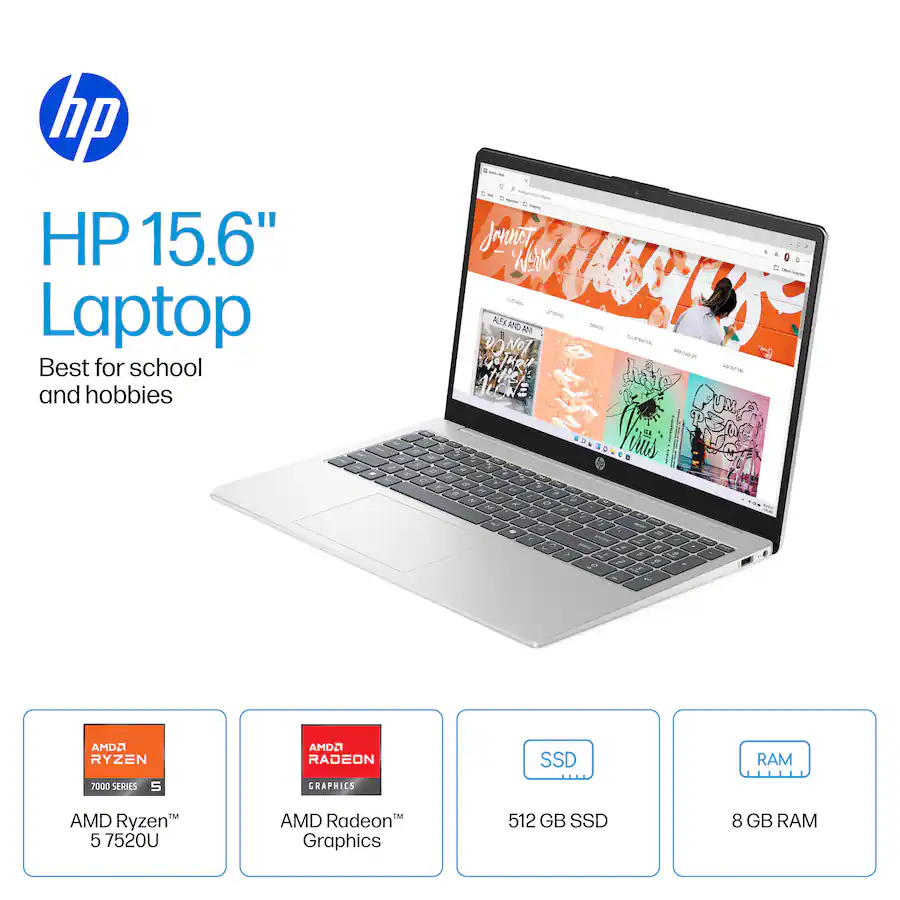 hp HP 15.6" Laptop Best for school and hobbies . - AMD Ryzen 5 7520U - AMD Radeon Graphics - 512 GB SSD - 8 GB RAM