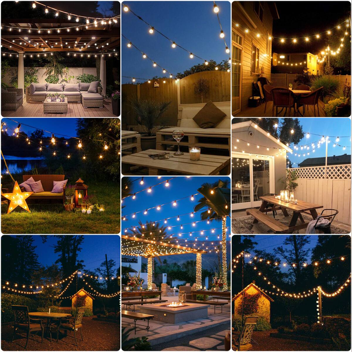 Alt View 2. HTUTWOO - 98FT LED Outdoor String Lights - 50 Shatterproof Bulbs Waterproof Patio Lights, Plug-in Warm White Hanging for Backyard - Black.