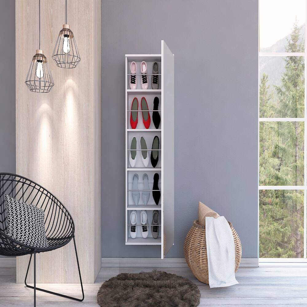 Alt View 3. Loheer - Loheer Wall Mounted Shoe Rack With Mirror White Modern Shoe Cabinet Fifty Four Inch - White.