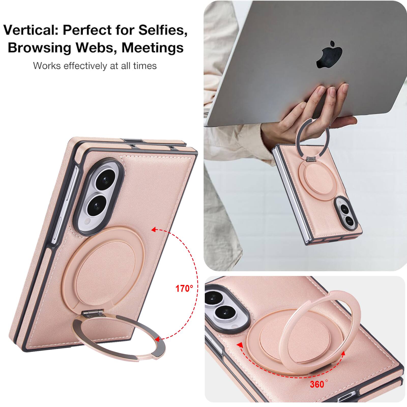 Vertical: Perfect for Selfies, Browsing Webs, Meetings  
Works effectively at all times  

170°  
360°