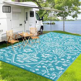 Homhougo - Large 9'x12' Waterproof Outdoor Rug, Reversible Patio Carpet, UV-Resistant, Light Blue - Light blue/white
