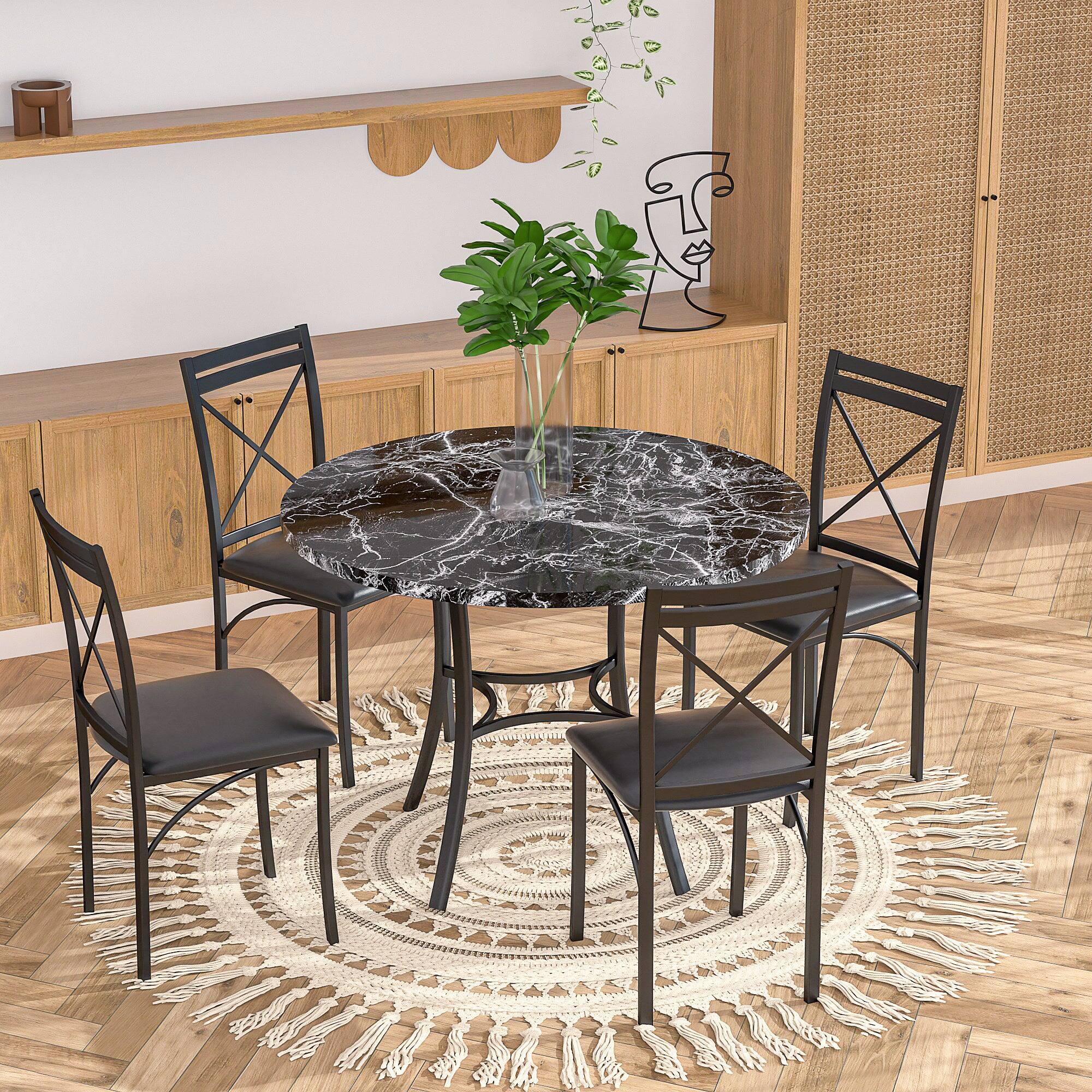 Alt View 5. Vecelo - 5-Piece Dining Table Set for 4, Heavy metal frame and Chairs with Upholstered Seats, Space-Saving Design - Black.