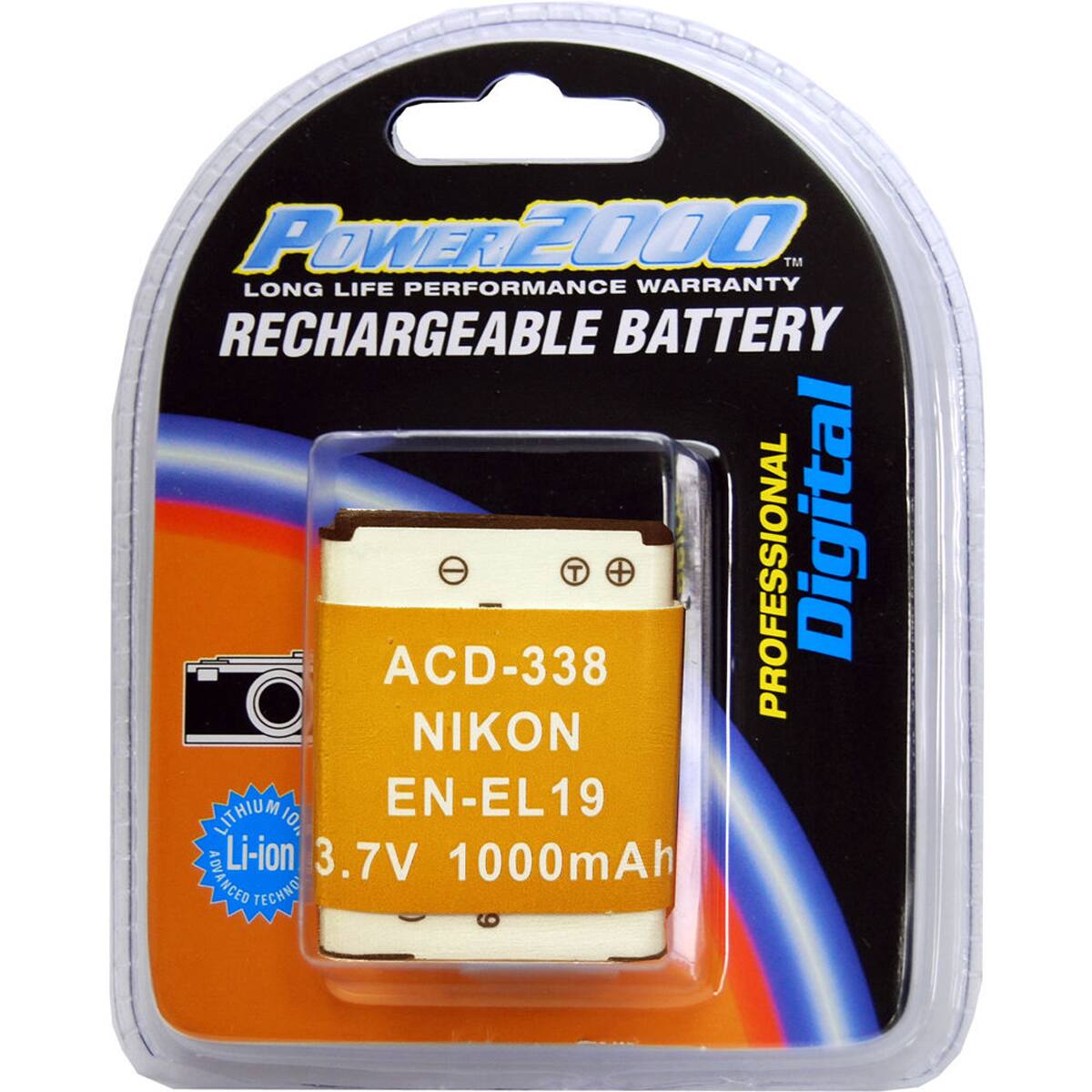POWER2000™ LONG LIFE PERFORMANCE WARRANTY RECHARGEABLE BATTERY ACD-338 NIKON PROFESSIONAL Digital LITHIUM EN-EL19 TOI Li-ion 3.7V 1000mAh