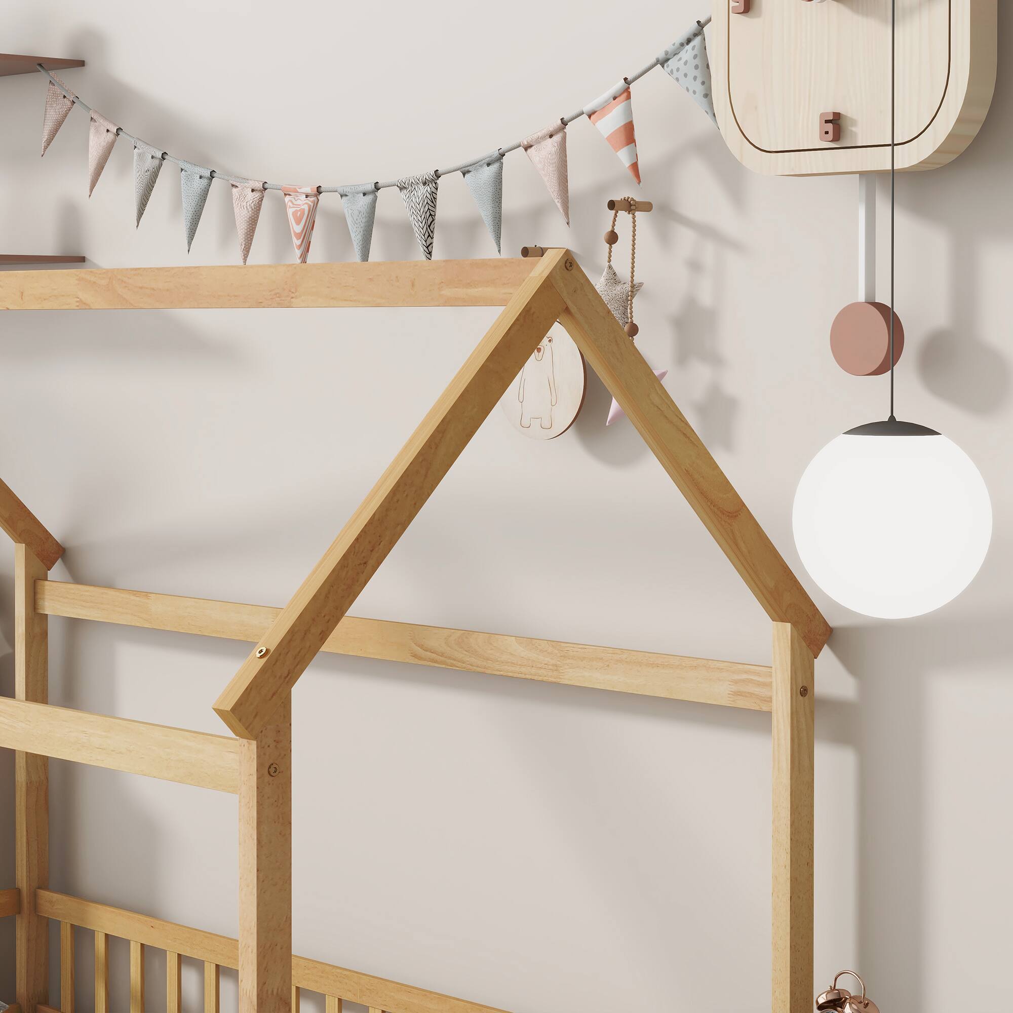 Alt View 1. Tiramisubest - Twin Size House Floor Wooden Bed with Roof Frame,Safety Guardrails,Natural - Natural.