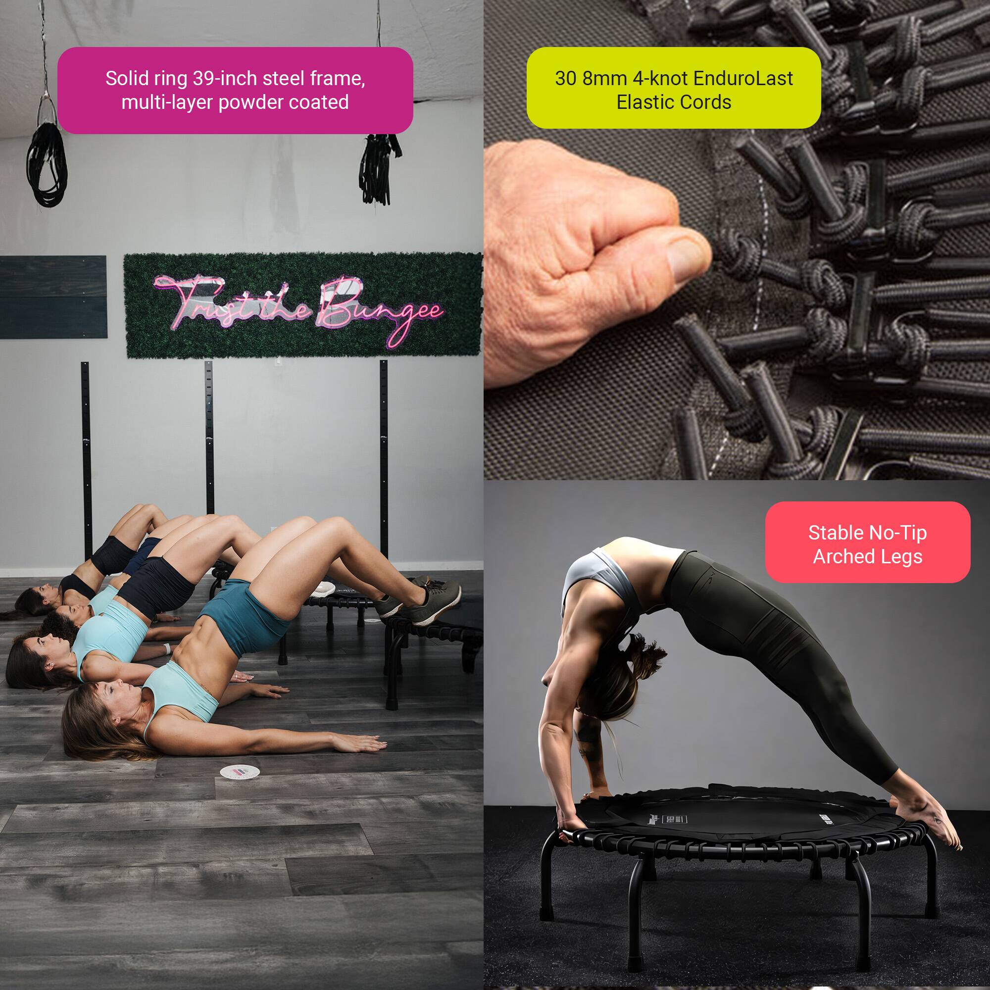 Solid ring 39-inch steel frame, multi-layer powder coated  
30 8mm 4-knot EnduroLast Elastic Cords  
Stable No-Tip Arched Legs