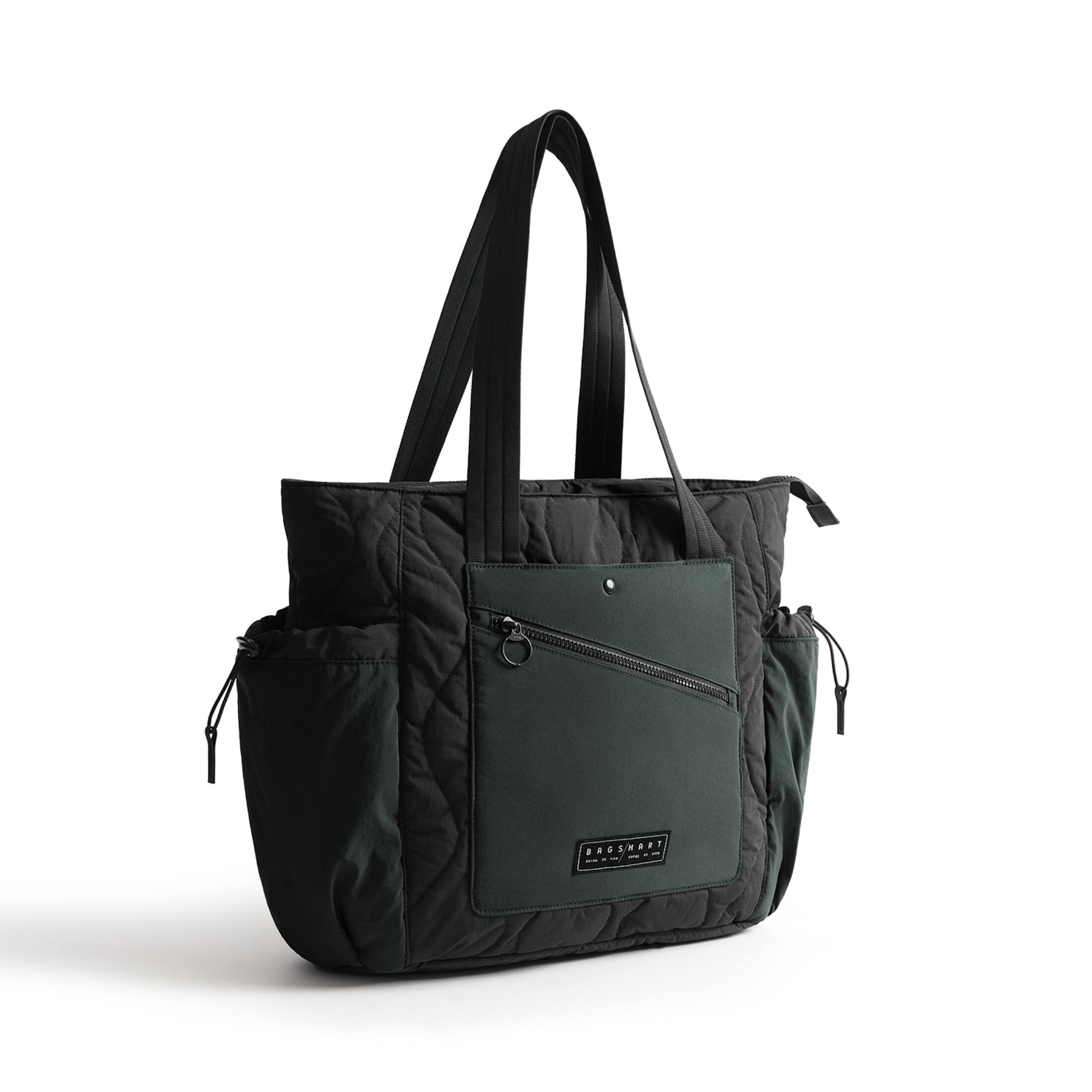 Angle. Bagsmart - Paz 23L Quilted Travel Tote Bag, Lightweight Work Shoulder Bag with 15.6 Inch Laptop Compartment, Casual Daypack Handbag - Black.