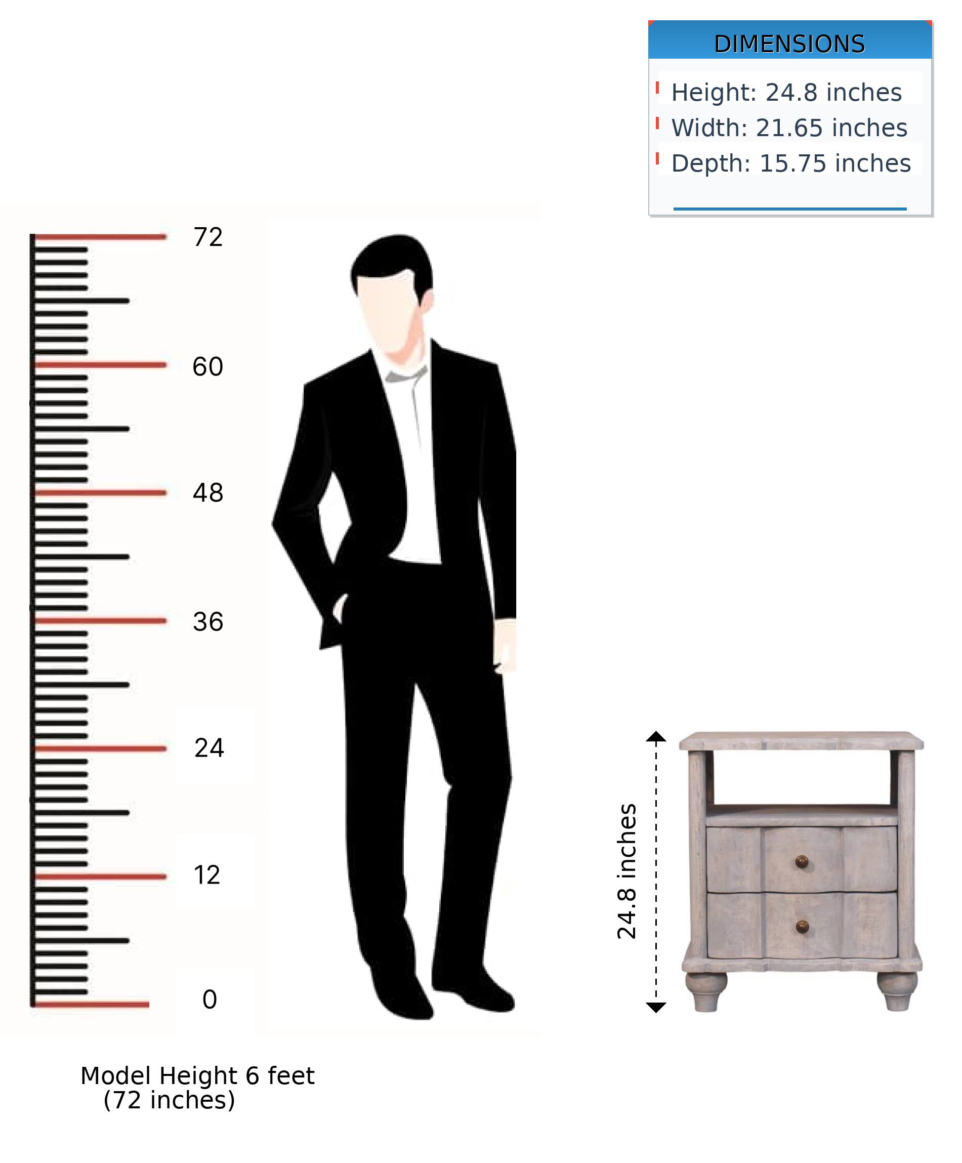 DIMENSIONS  
Height: 24.8 inches  
Width: 21.65 inches  
Depth: 15.75 inches  

Model Height 6 feet (72 inches)