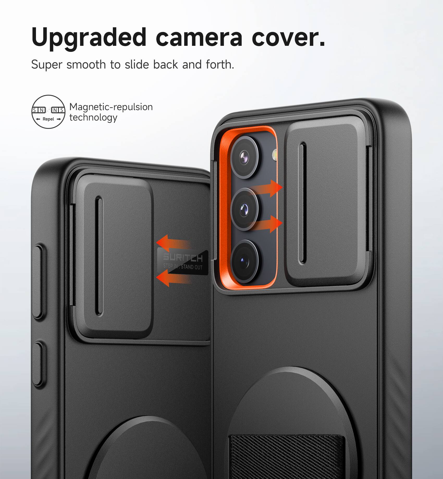 Upgraded camera cover.  
Super smooth to slide back and forth.  
Magnetic-repulsion - Repel technology  
SURITCH STEP V STAND OUT