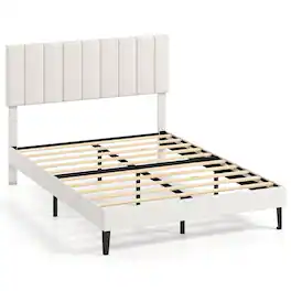 Costway - Full Size Velvet Bed Frame with Height Adjustable Vertical Channel Headboard - Beige
