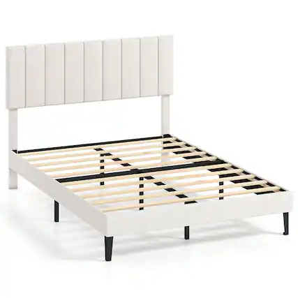 Front. Costway - Costway Full Size Velvet Bed Frame with Height Adjustable Vertical Channel Headboard - Beige.